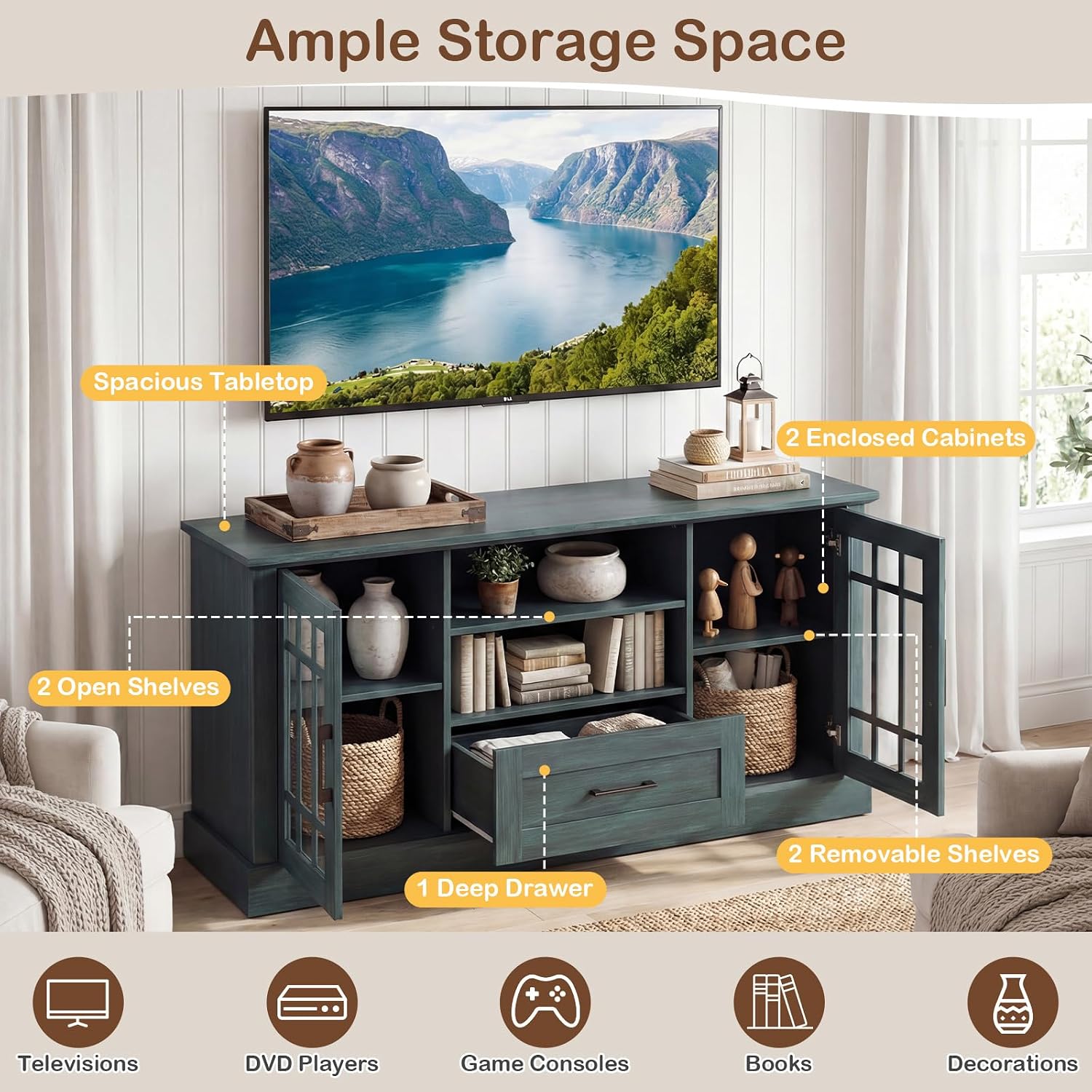 Tangkula Farmhouse TV Stand for TV up to 65 70 Inches, Tall Media Console Table with 2 Glass Storage Cabinets, 1 Drawer & 2 Open Shelves, Wooden Entertainment Center for Living Room (Vintage Green)