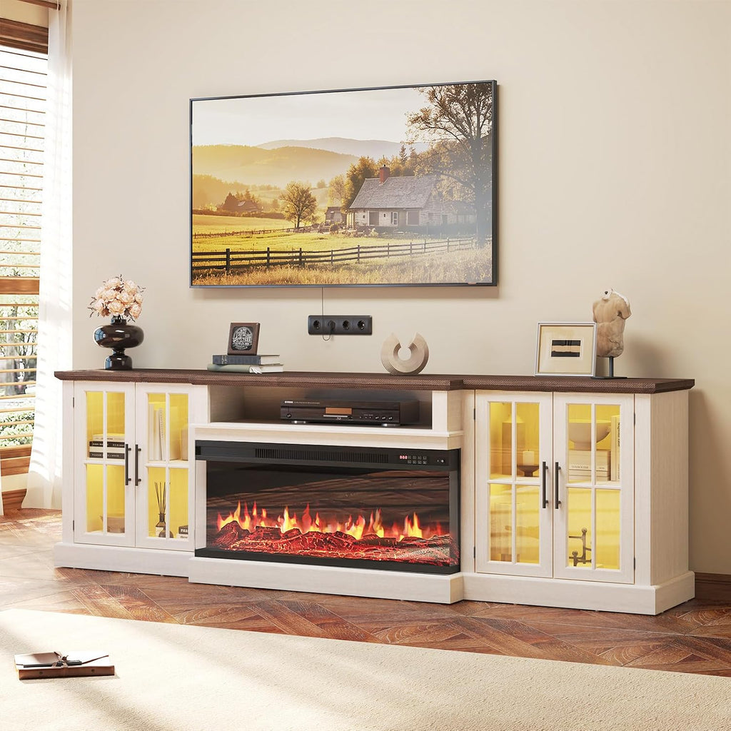 87' Farmhouse TV Stand with 36' Fireplace for TVs up to 90', Media Entertainment Center with Adjustable Shelves and Large Storage Cabinets, for Living Room, White & Black