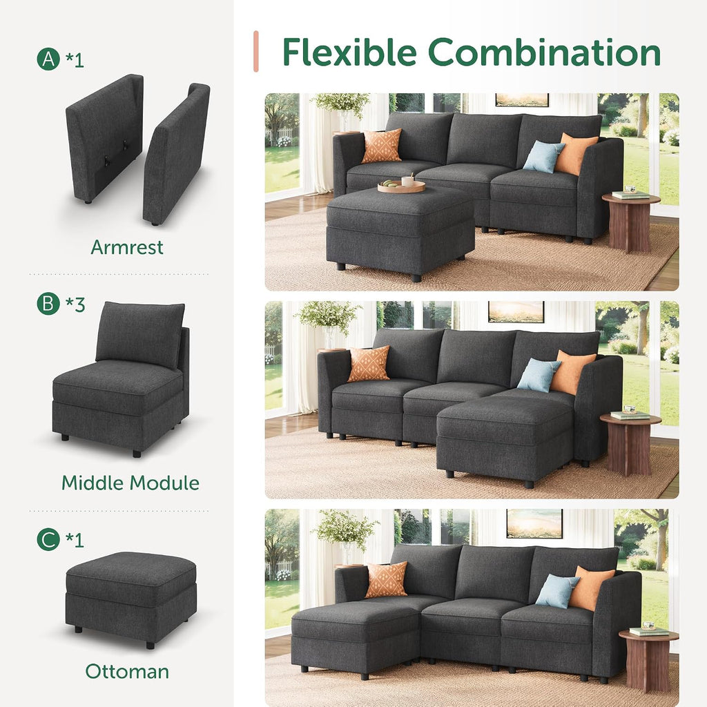 HONBAY Modular Sectional Sofa with Storage L Shaped Sectional Sofa, Convertible Couches for Living Room - Snowflake Velvet Grey