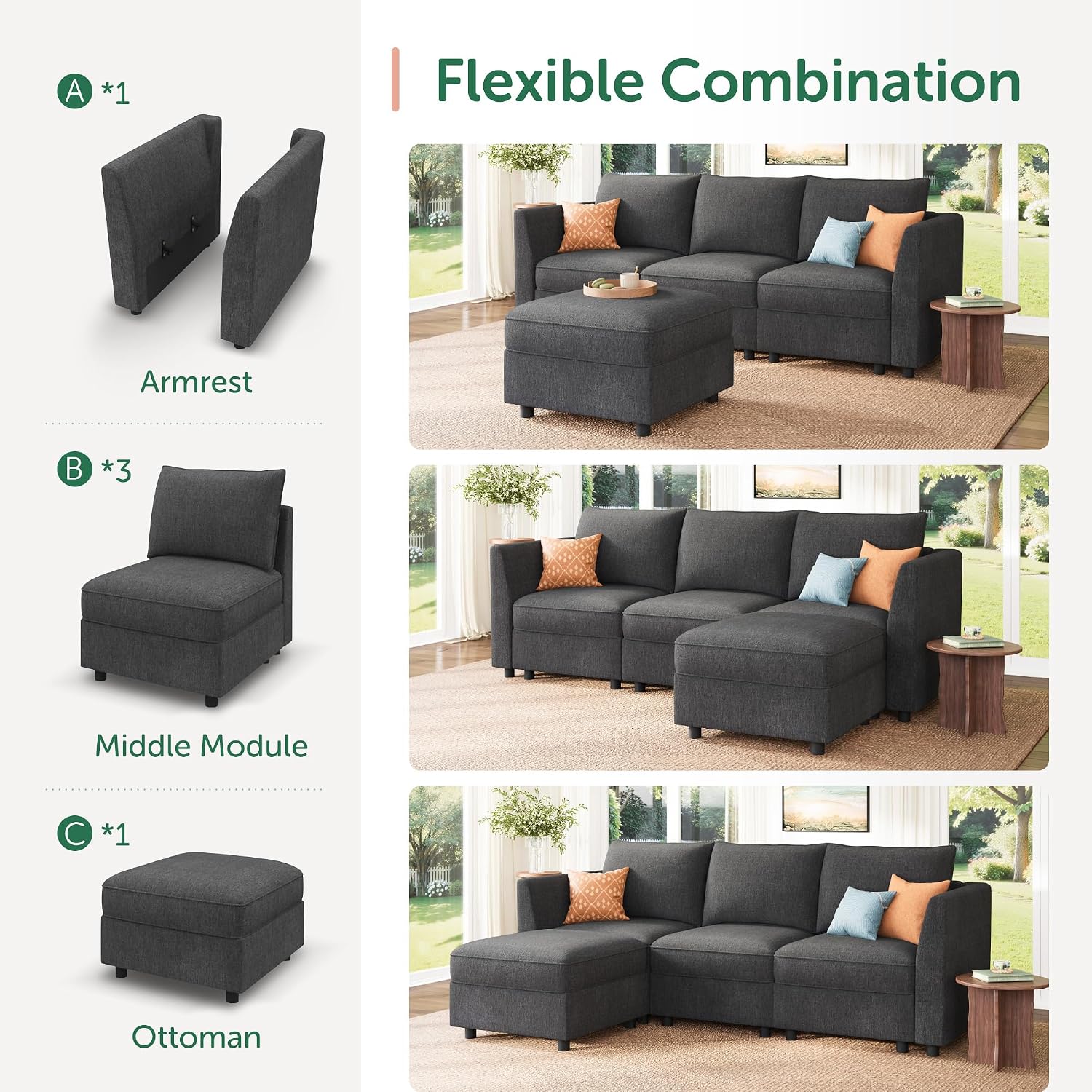 HONBAY Modular Sectional Sofa with Storage L Shaped Sectional Sofa, Convertible Couches for Living Room - Snowflake Velvet Grey
