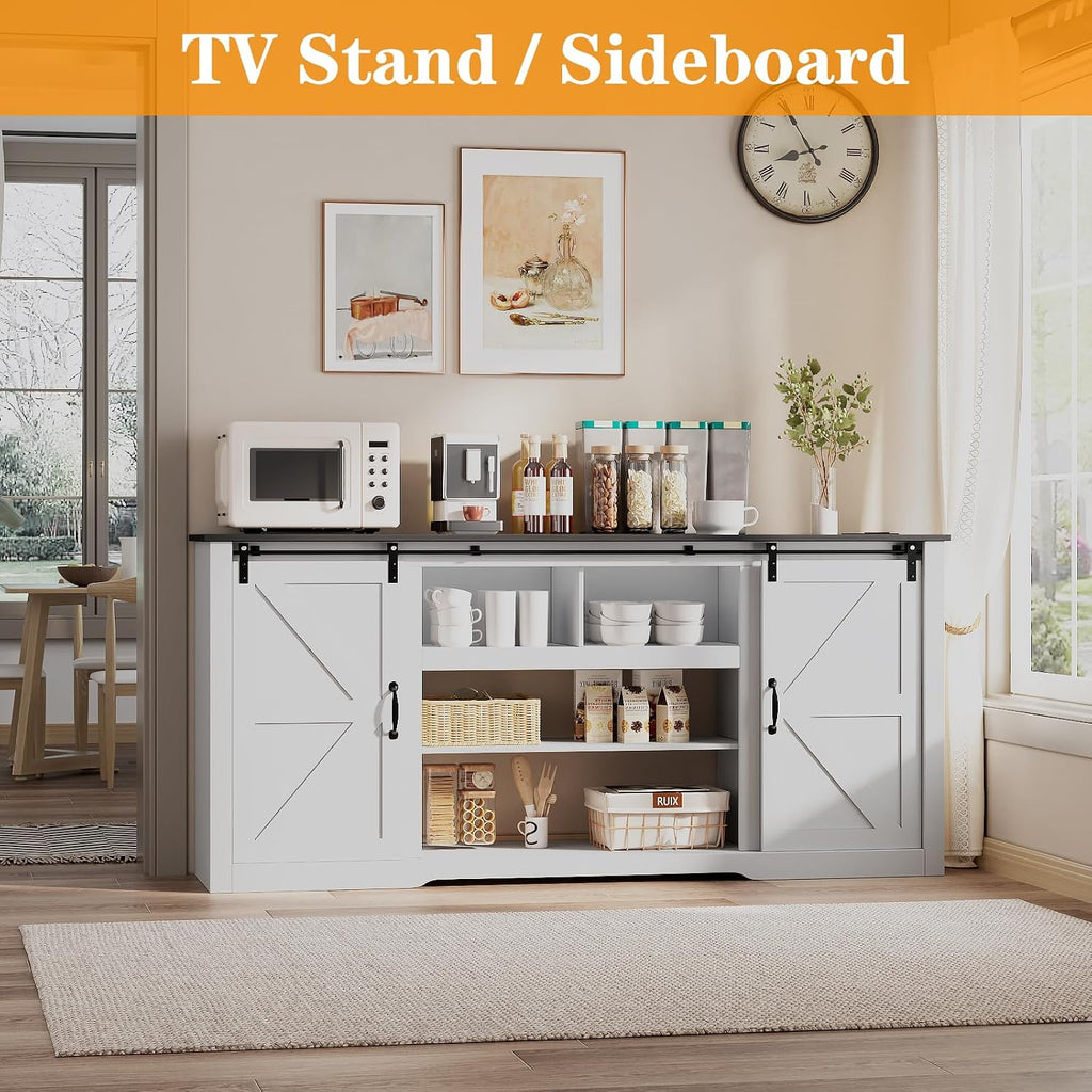 GarveeHome 70' Farmhouse TV Stands for 80-85' TVs, Rustic Wooden Entertainment Center with Adjustable Shelves & Sliding Barn Door, TV Console Table with Open Storage for Home, White+Black Top