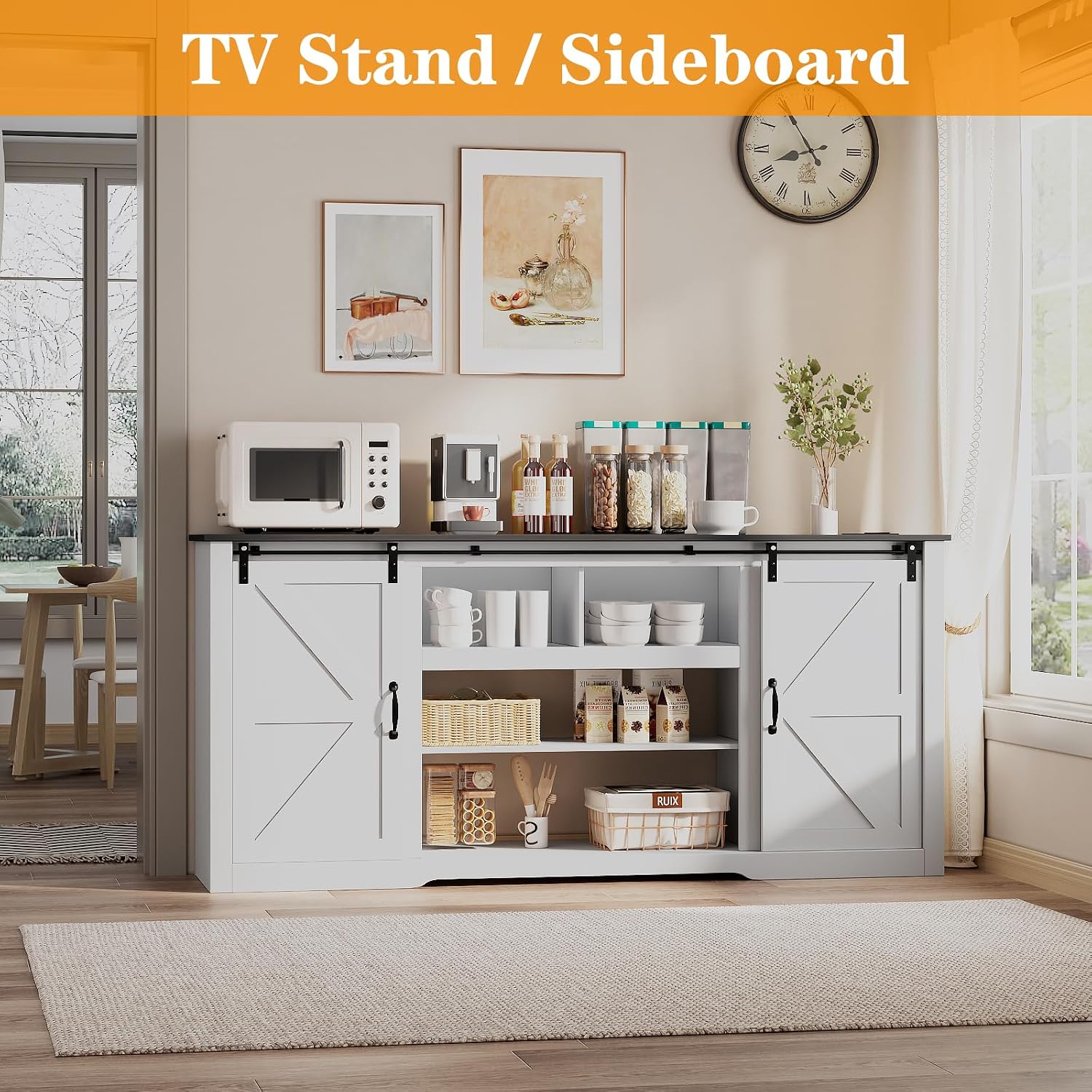 GarveeHome 70' Farmhouse TV Stands for 80-85' TVs, Rustic Wooden Entertainment Center with Adjustable Shelves & Sliding Barn Door, TV Console Table with Open Storage for Home, White+Black Top