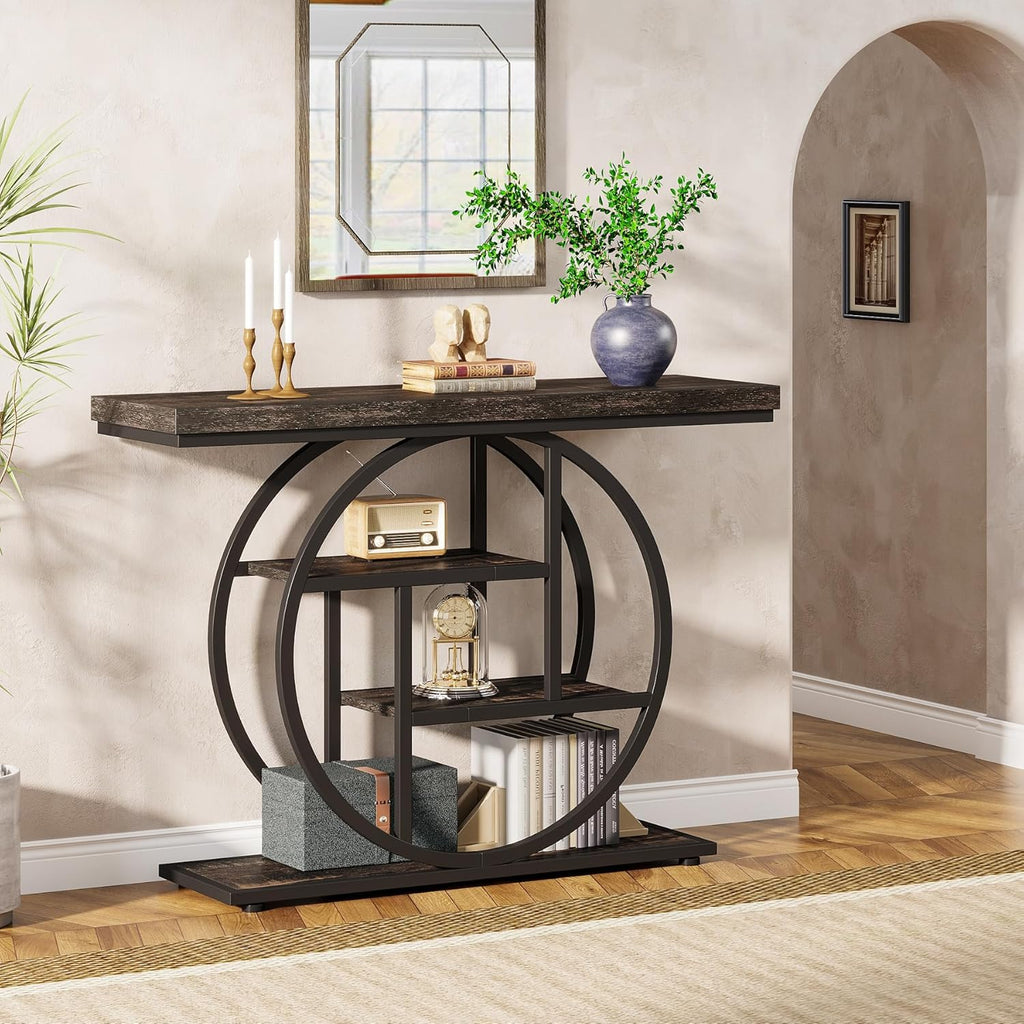 Tribesigns 41.3' Console Table, Industrial 4-Tier Sofa Table Entryway Table with Circle Base, Narrow Wood Accent Tables with Storage Shelves for Living Room, Hallway, Foyer, Charcoal Black