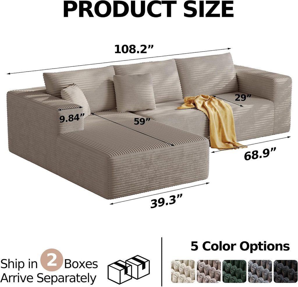 CHORRO108''Sectional Boneless Cloud Sofa,Modern Modular L-Shape Couch for Living Room,Corduroy Convertible Sponge Sleeper Sofas,Upholstered Lougne Chaise Couchs-with Soft Pillow(Camel,Left Chaise)