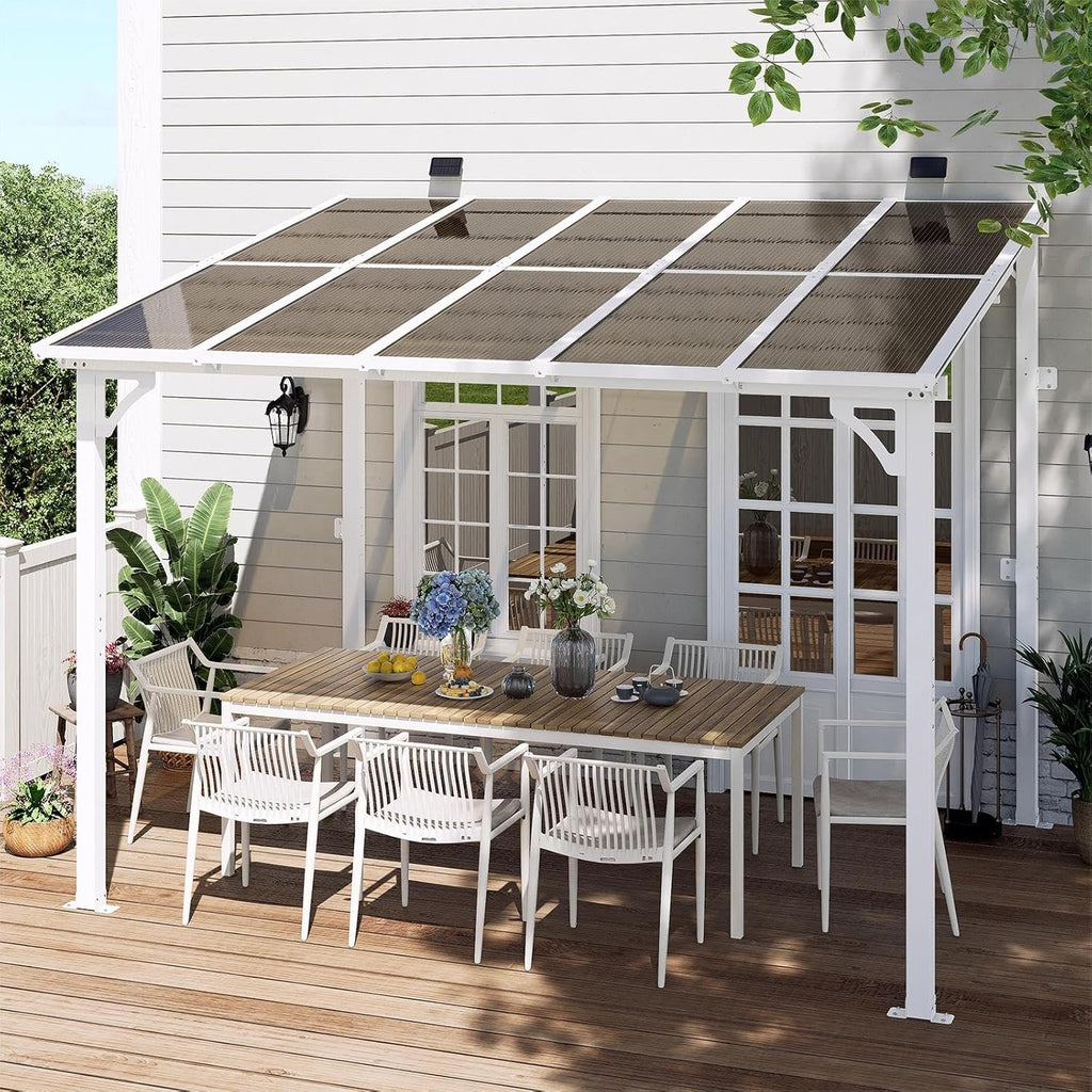 MEISSALIVVE 8' x 10' Wall Mounted Lean to Metal Awnings with Sloped Roof, Outdoor Patio Gazebo Awning for Backyard, Deck, White