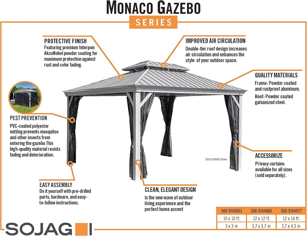 Sojag Outdoor 12' x 14' Monaco Hardtop Double Roof Gazebo Outdoor Sun Shelter, Champagne