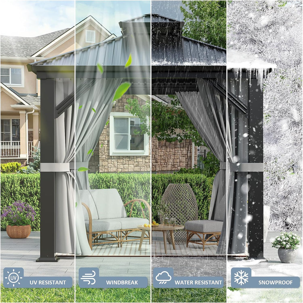 WKM 8x8 FT Hardtop Gazebo, Permanent Aluminum Gazebo with Galvanized Steel Double Roof, Outdoor Patio Pergola with Curtains and Breathable Netting for Garden, Lawn, Deck, Party