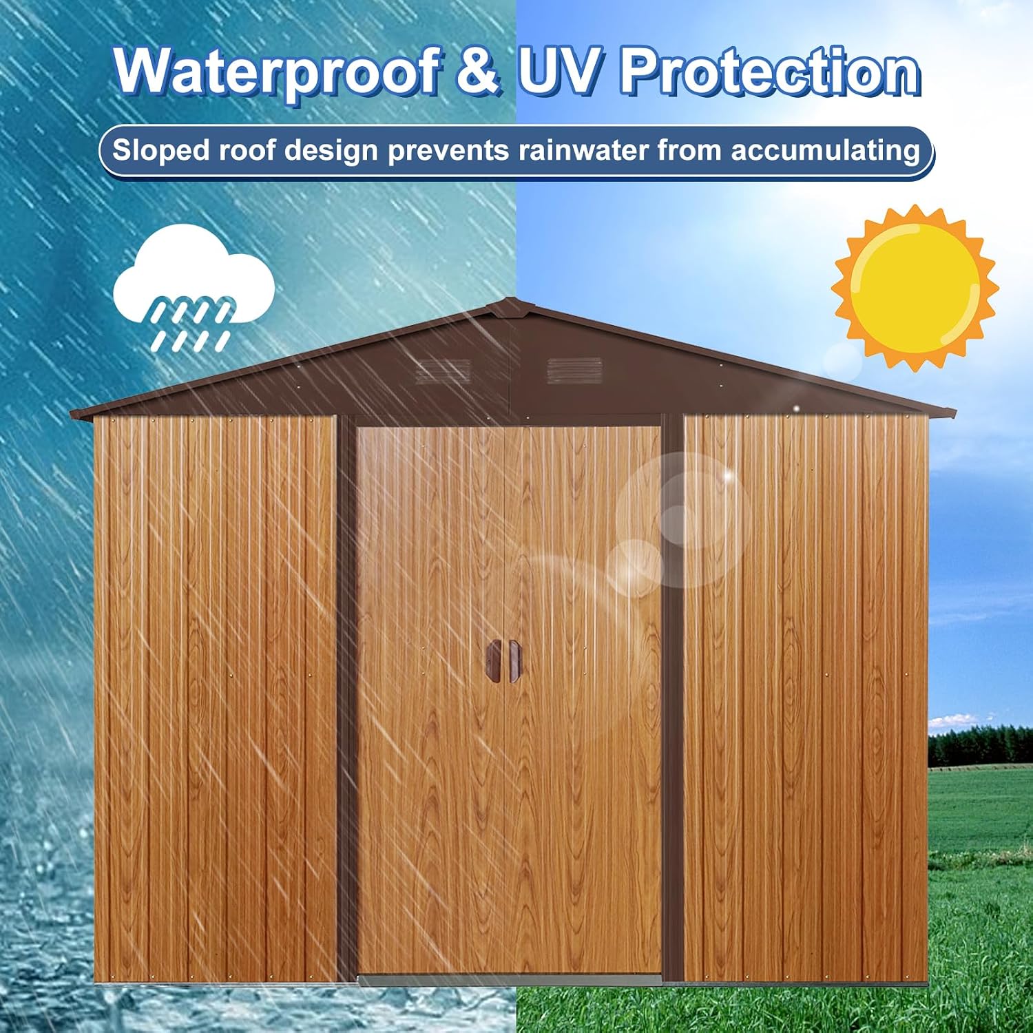 YOPTO 10×8 FT Outdoor Metal Storage Shed with Floor Base,Heavy Duty Garden Shed W/Integrated Punched Vents and Sliding Doors & Padlock,Large Waterproof Storage House for Backyard,Lawn,Coffee