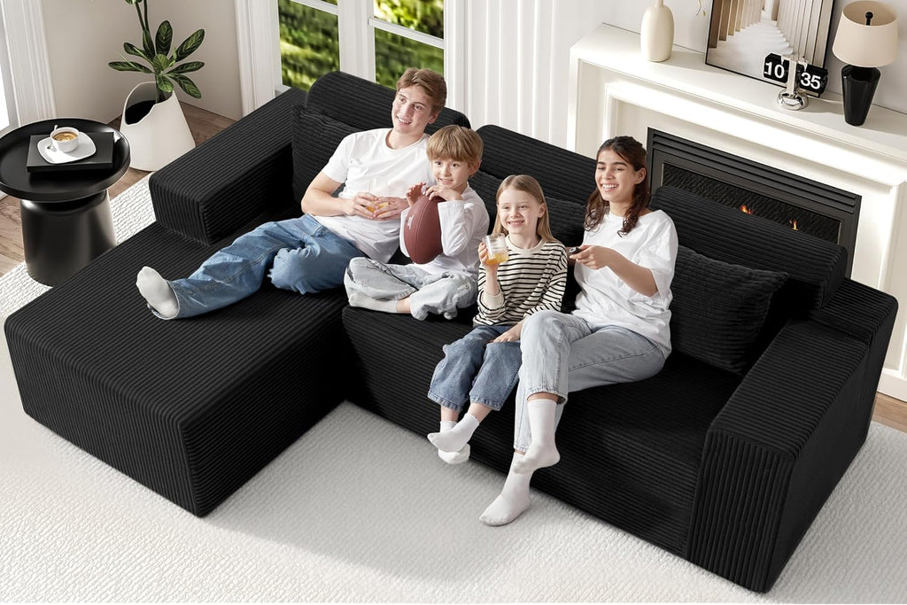 Homguava Modular Sectional Couches for Living Room,105' Cloud Couch with L-Shape Chaise,Comfy Sofa Living Room Sofas with Deep Seat,No Assembly L Couch,Corduroy Fabric(Black,L)