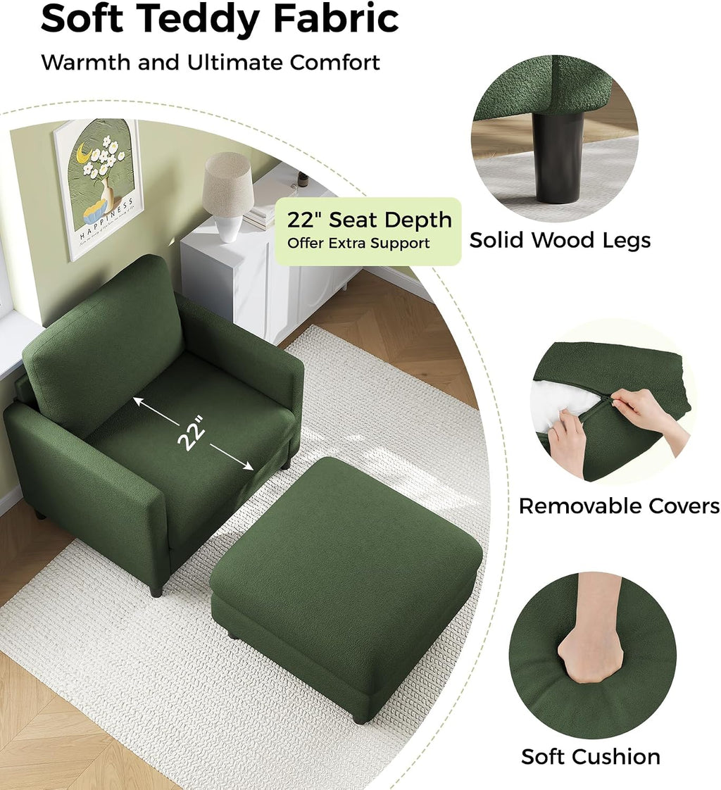Welzona Sofa Accent Chair with Ottoman, 33' Reading Chair and Ottoman Set for Bedroom, Tool-Free Setup Living Room Accent Chairs, Comfy Arm Chairs Living Room, All-Wood Reading Nook, Green