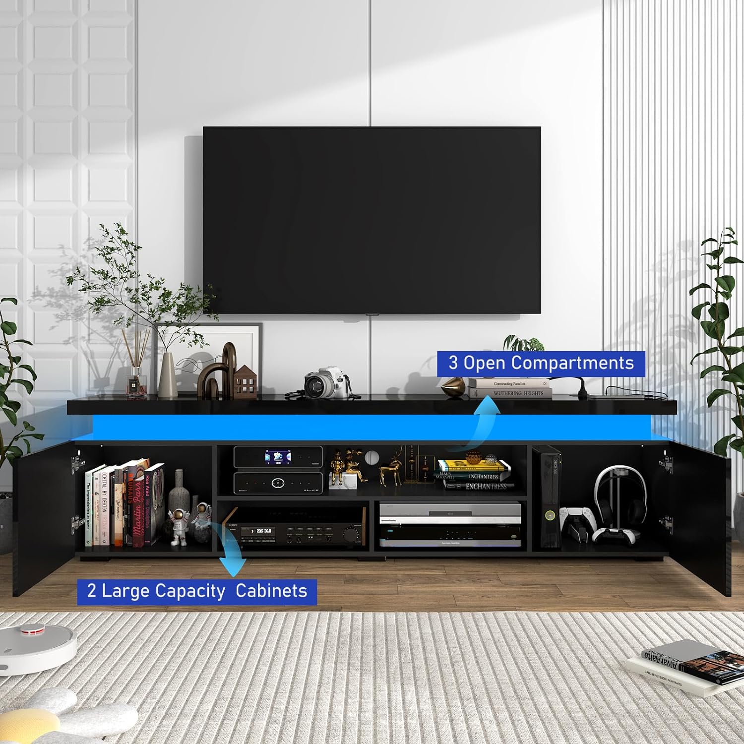 Hlivelood LED TV Stand for 85 Inch TV, Modern TV Stand with Power Outlet, High Gloss TV Console Entertainment Center with Storage and LED Lights for Living Room, Bedroom (73 Inch, Black)