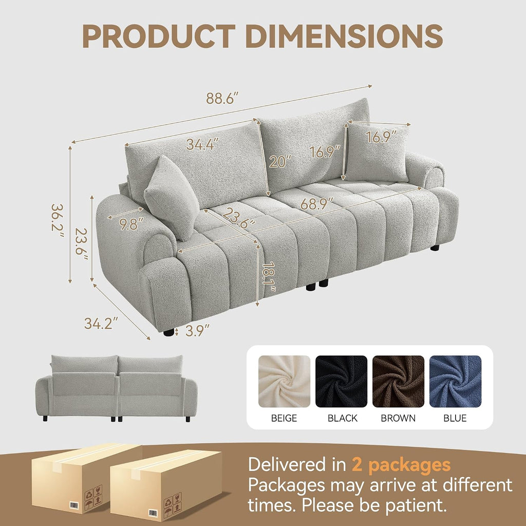 88 'Modern Boucle Sofa Couch, Oversized Comfy 3 Seater Sherpa Curved Sofas Deep Seat, Upholstered Loveseat Teddy Round Arm Couches for Living Room, Bedroom, Light Grey
