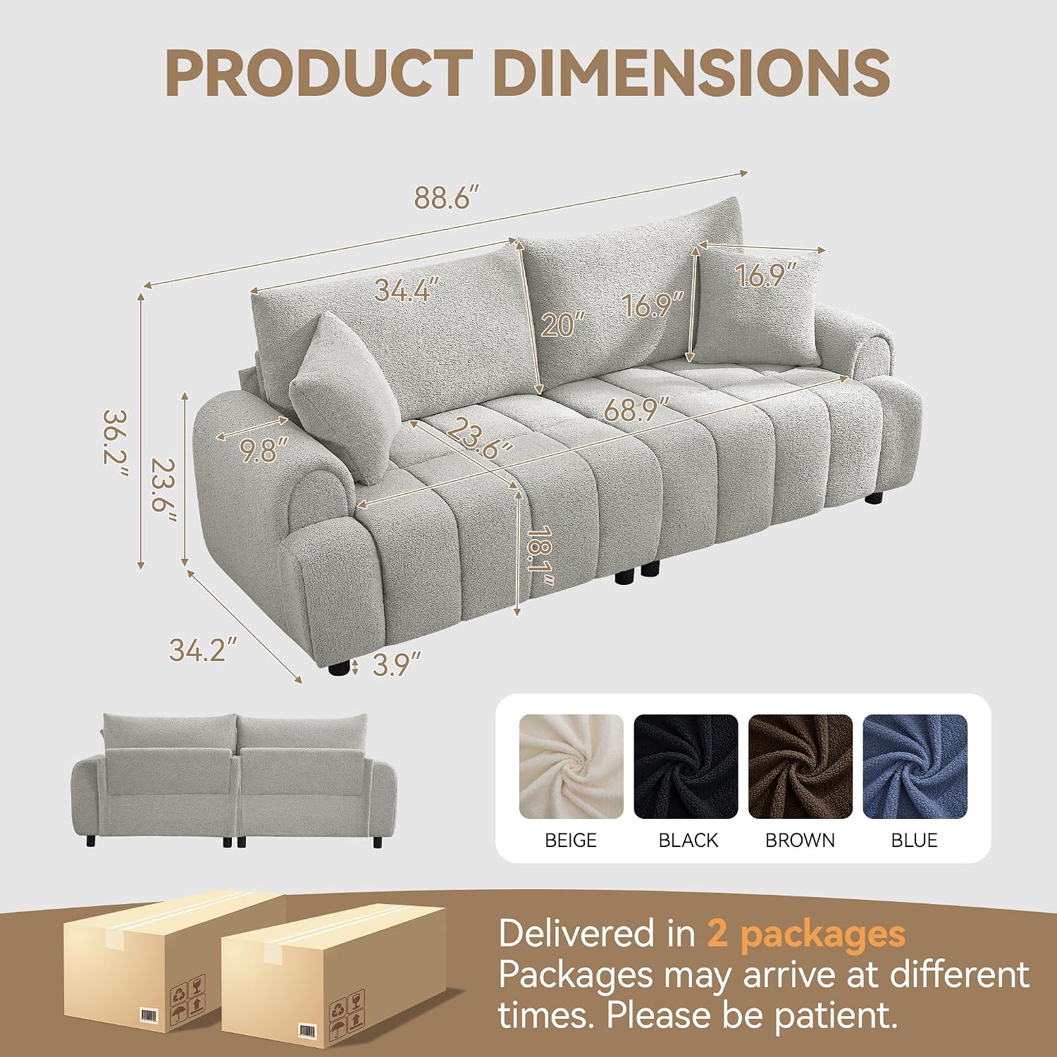 88 'Modern Boucle Sofa Couch, Oversized Comfy 3 Seater Sherpa Curved Sofas Deep Seat, Upholstered Loveseat Teddy Round Arm Couches for Living Room, Bedroom, Light Grey