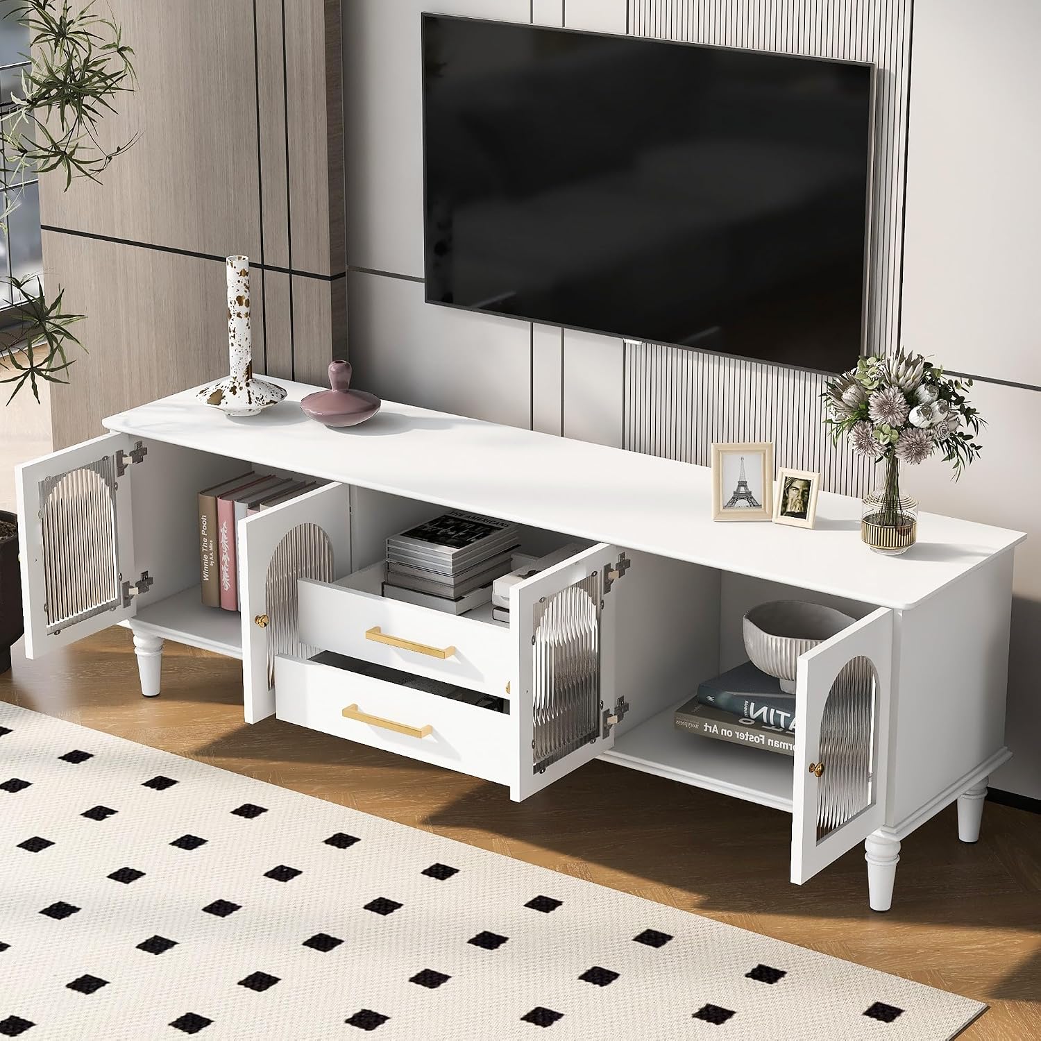 Retro TV Stand for TVs up to 75 Inches, Entertainment Center Media Console with Fluted Glass Doors and Five Solid Wood Legs for Living Room