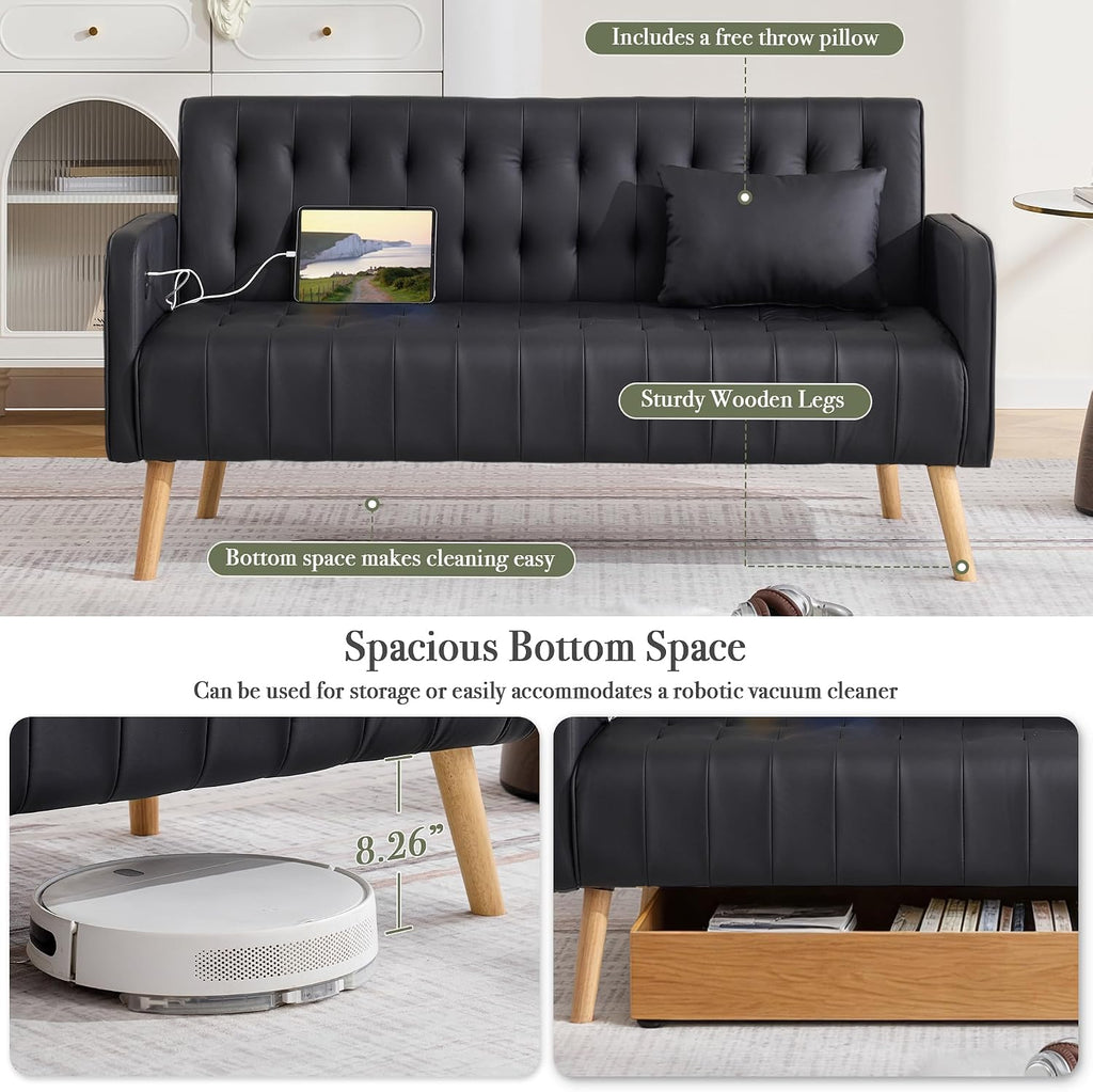 57' W Loveseat Sofa, Small Black Faux Leather Couch w/USB Charging Ports & Pockets, Mid Century Modern Tufted Love Seat Couches, Mini Office Sofa Couch for Small Spaces, Bedroom, Apartment