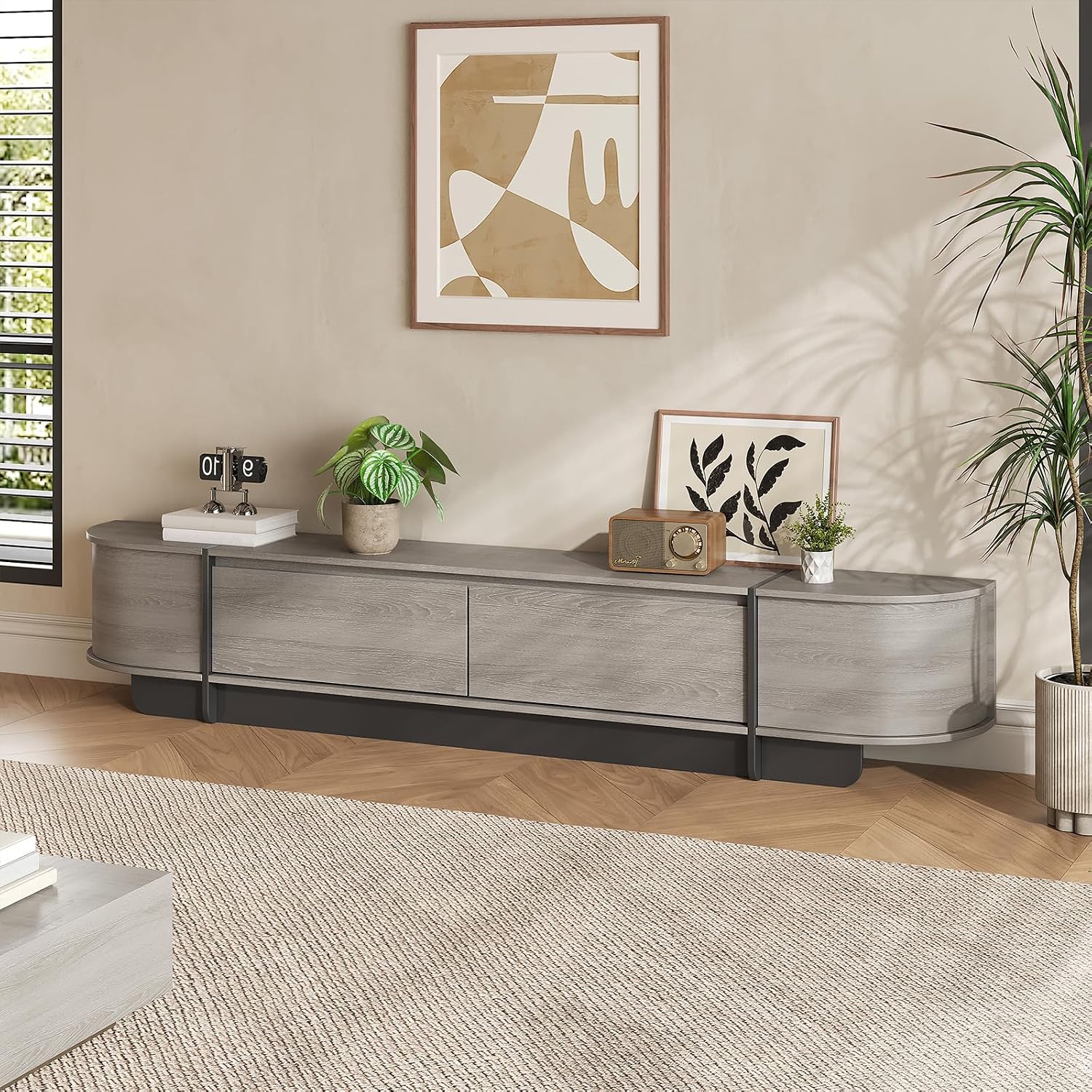 Coffee Table and TV Stand Set of 2,76.4'' Modern TV Console，Entertainment Center with 4 Drawers,Modern Oval Coffee Table with Storage, Wood Center Tables for Living Room, Bedroom, Home Office, Grey