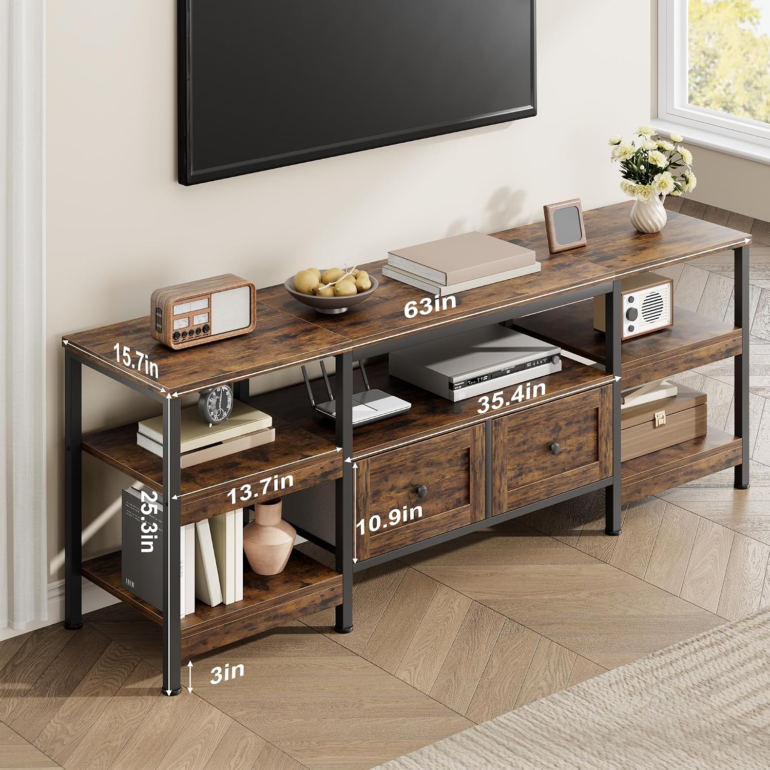GarveeHome Rustic 63' TV Stand for TVs Up to 65', Industrial Media Console with 2 Drawers and Open Storage Shelves, Sturdy Metal Frame Entertainment Center, Brown