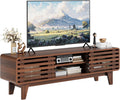 Luoxiao 55' Mid Century Modern TV Stand for 55 60 65 Inch TV, Walnut Media Console with Slatted Sliding Doors, Retro Wood Entertainment Center with Storage Shelves for Living Room, Bedroom