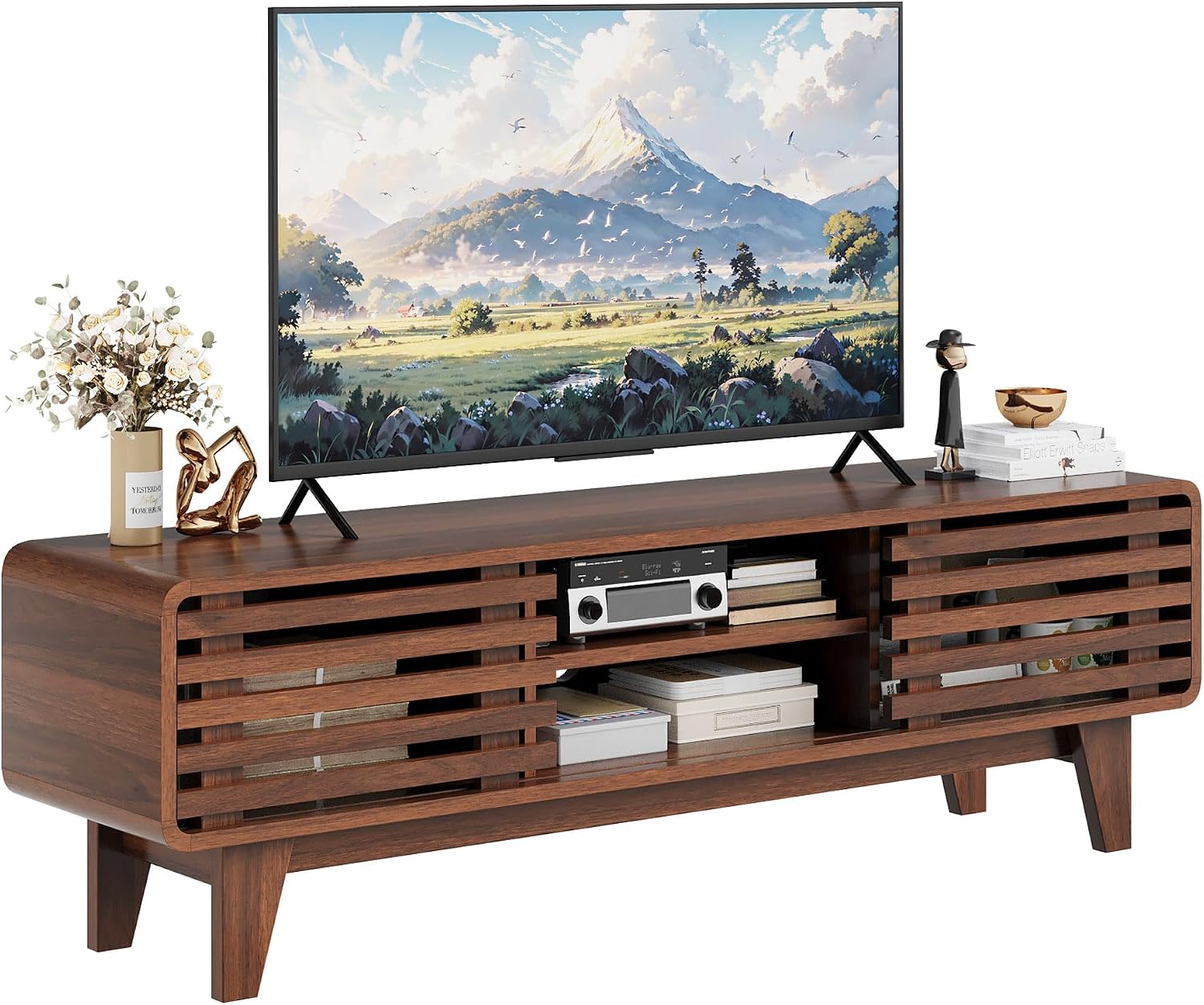 Luoxiao 55' Mid Century Modern TV Stand for 55 60 65 Inch TV, Walnut Media Console with Slatted Sliding Doors, Retro Wood Entertainment Center with Storage Shelves for Living Room, Bedroom