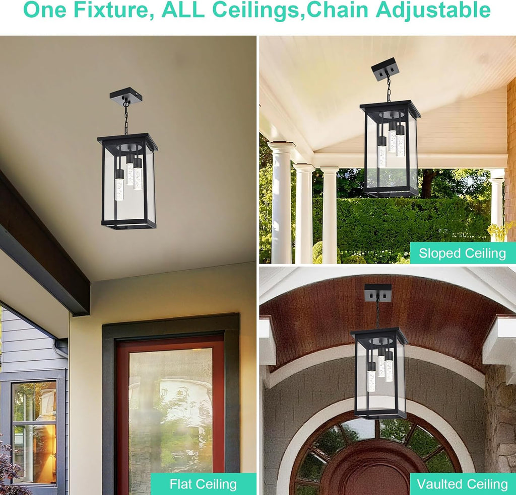 Yaohong 17' Large 5CCT LED Outdoor Pendant Light, 3-Lights Modern Black Hanging Ceiling Fixture with Acrylic Column & Clear Glass, Weatherproof Chandelier for Porch Gazebo Patio Entryway