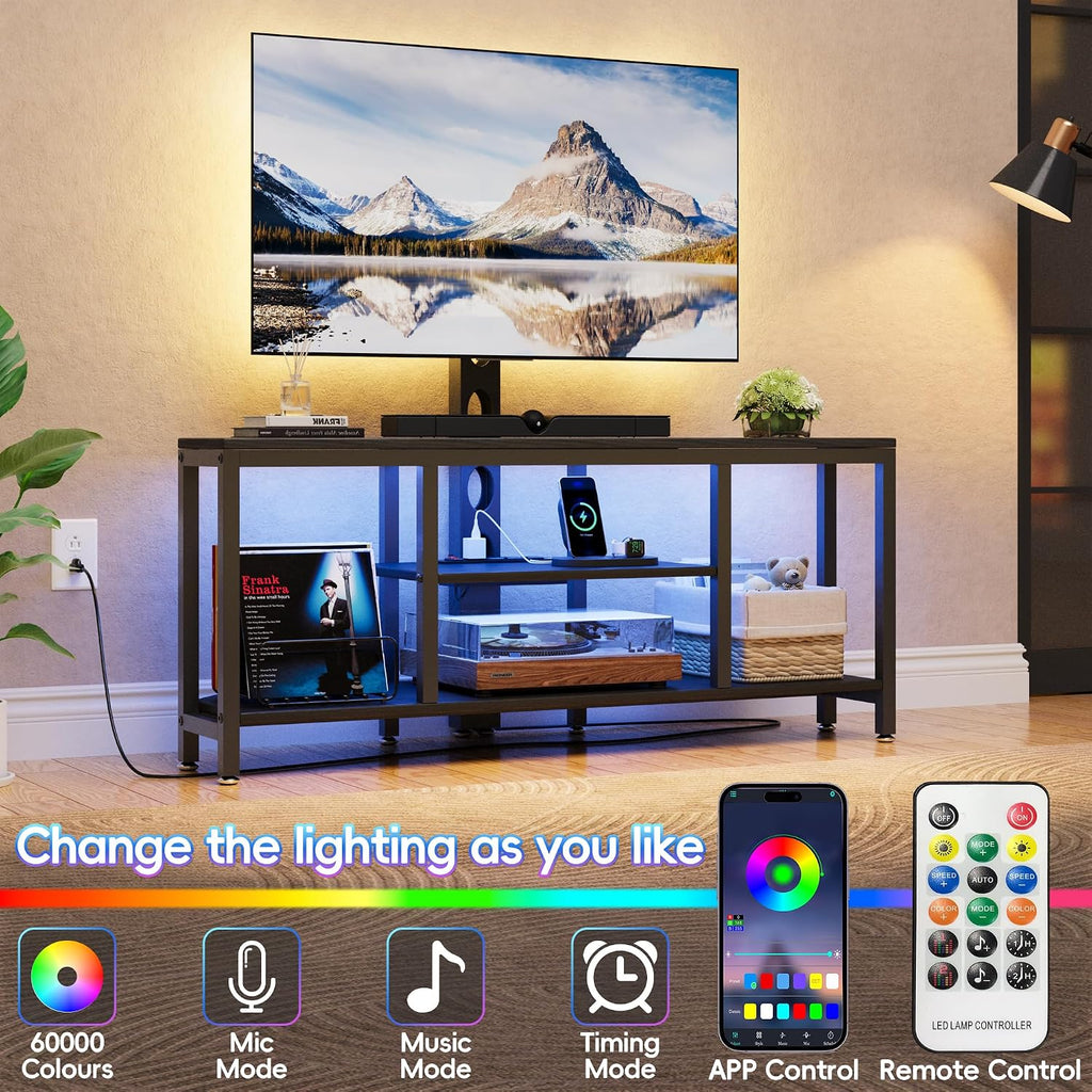 Corner TV Stand with Mount LED - Universal TV Mount Stand for 32-65' TV, Height Adjustable Swivel TV Console Wood & Steel Entertainment Center with Mount, Cabinet, Power Outlet, Colorful Light, Black