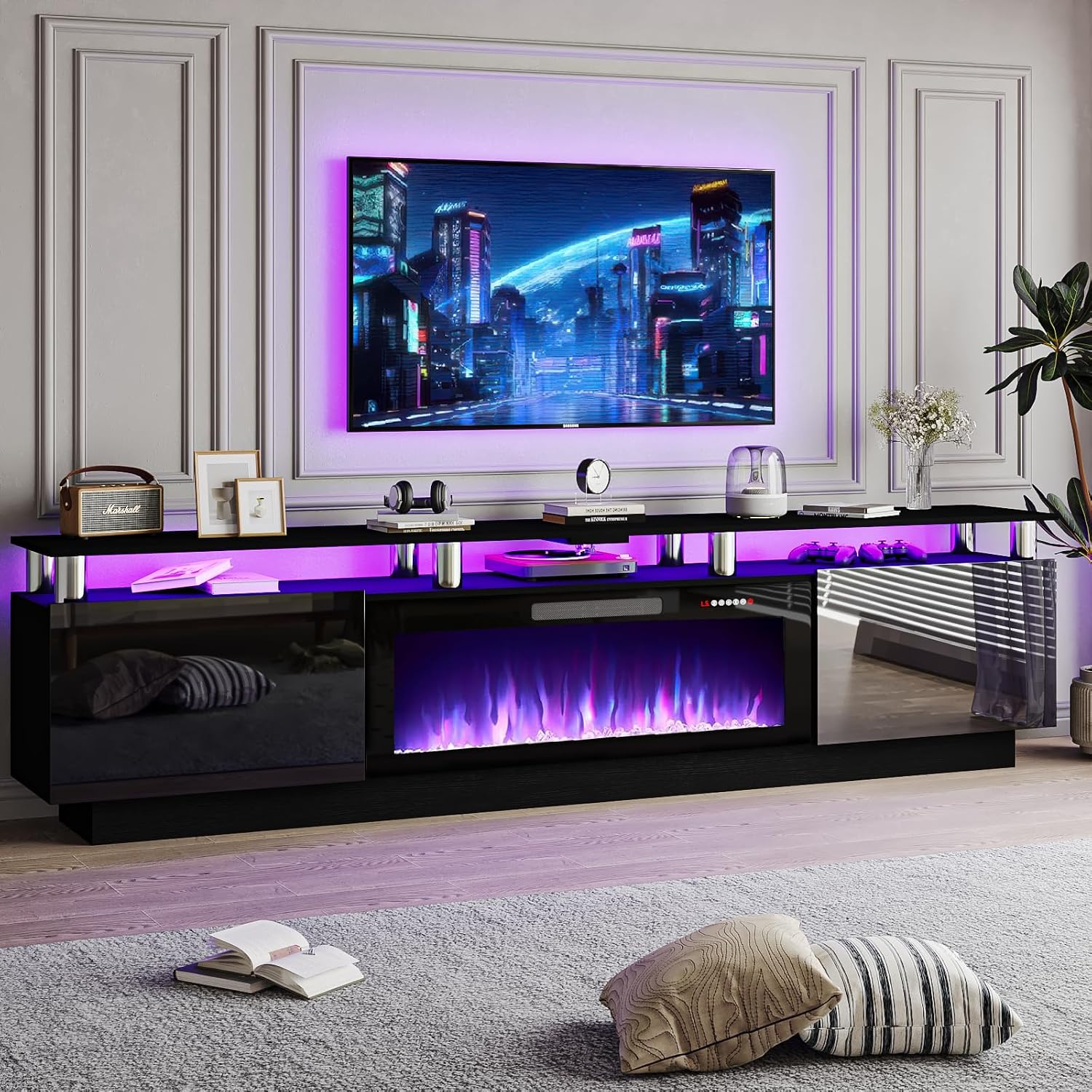 PRETZI 80' Modern Fireplace TV Stand with 36' Electric Fireplace for TVs Up to 90 inch, Luxury LED Light Entertainment Center with High Gloss Cabinet, TV Consoles for Living Room, Black