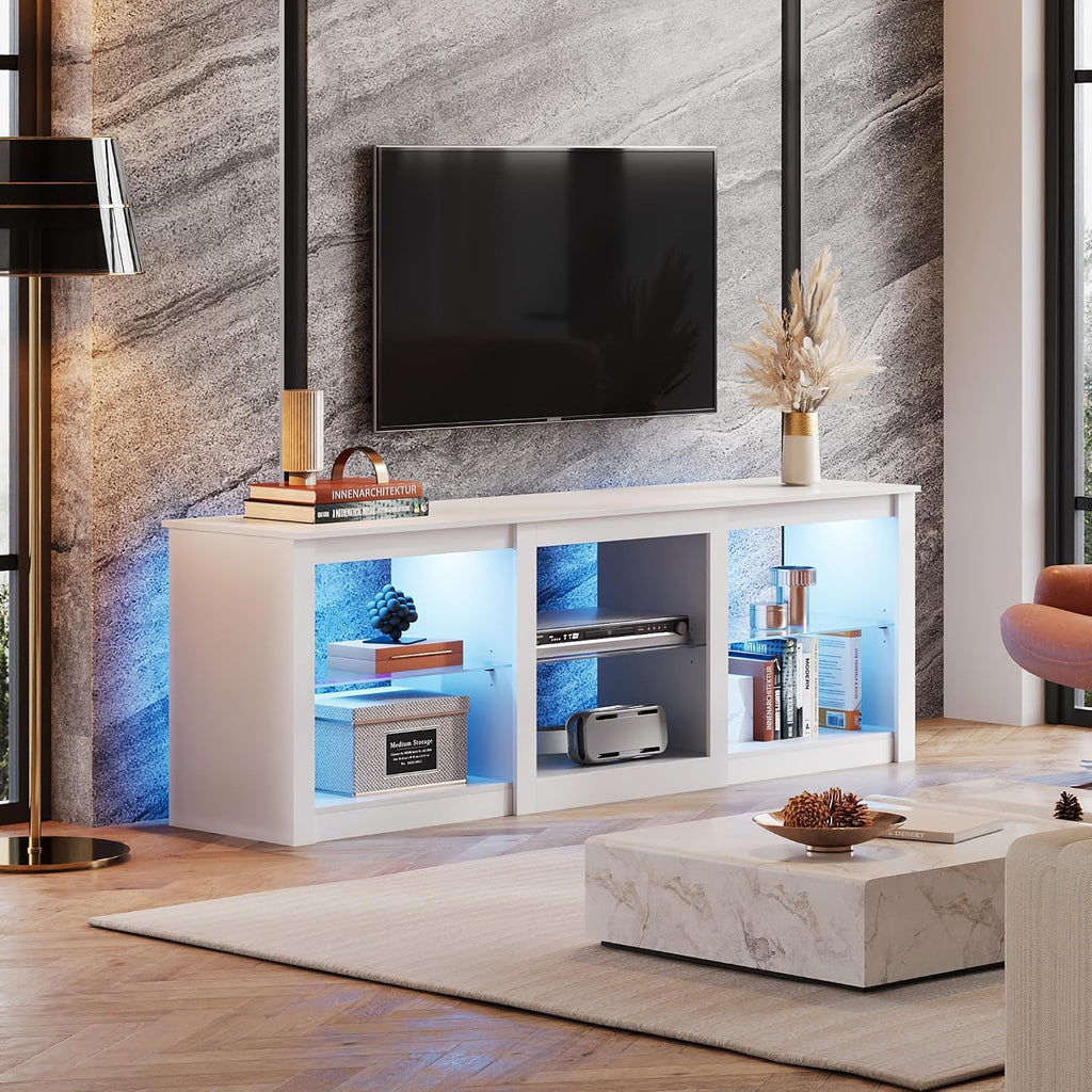 WLIVE TV Stand for 55/65/75 Inch TV, Modern Entertainment Center with LED Lights & Adjustable Glass Shelves, Sturdy Media Console for Living Room, Bedroom,Gaming (White)