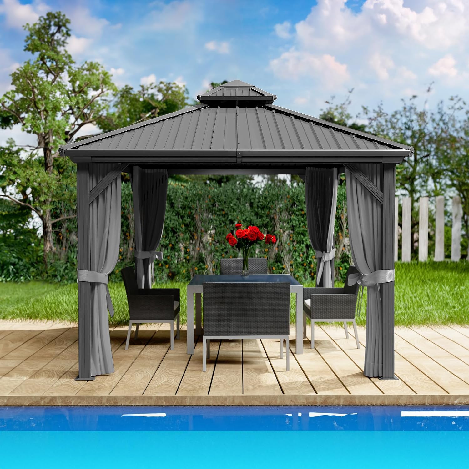 Kozyard Caesar 10'x10' Hardtop Gazebo - Permanent Metal Pavilion with Netting and Shaded Curtains for Patio Backyard Deck - Galvanized Steel Outdoor Aluminum Canopy, Double Roof Gazebo (Dark Gray)