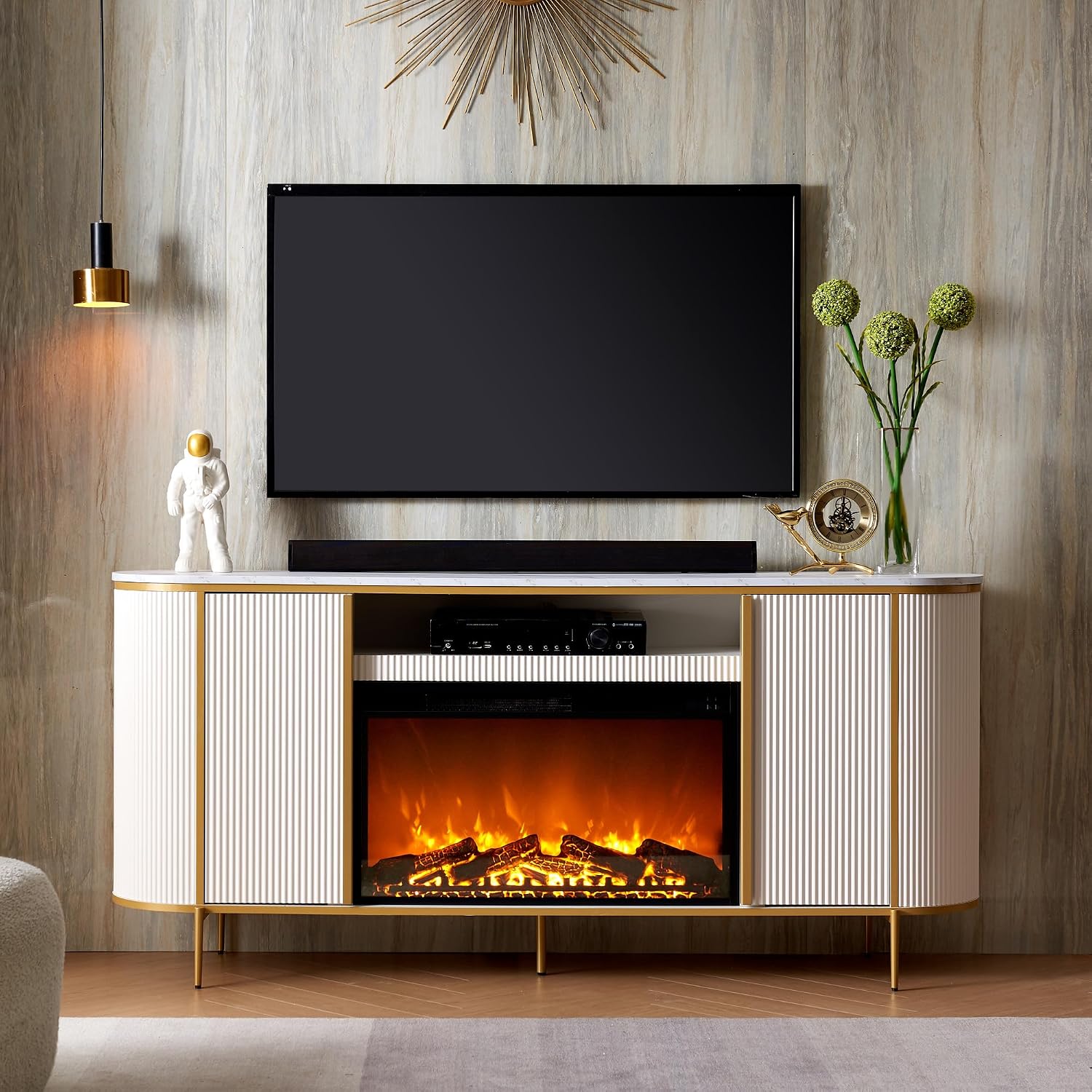 OKD Luxury 70' Fluted Fireplace TV Stand, Modern Chic Entertainment Center for TVs Up to 80 inches, TV Console with Faux Marble Top, Curved Profile Design, Media Console for Living Room, Off White