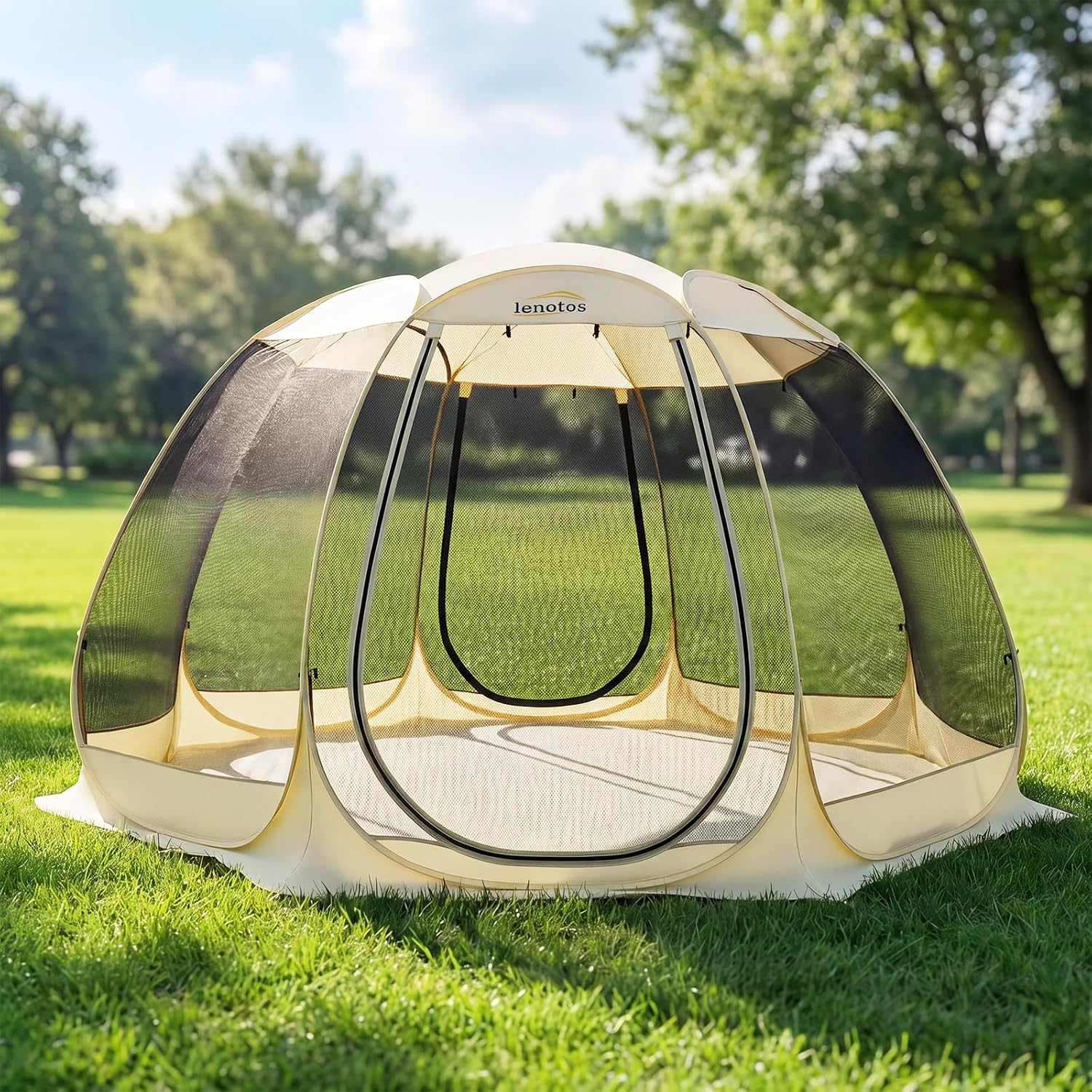 Lenotos Pop Up Screen House, 12.5'x12.5' Outdoor Screen Tent for Camping, Screened Gazebo with Mosquito Netting, Carry Bag