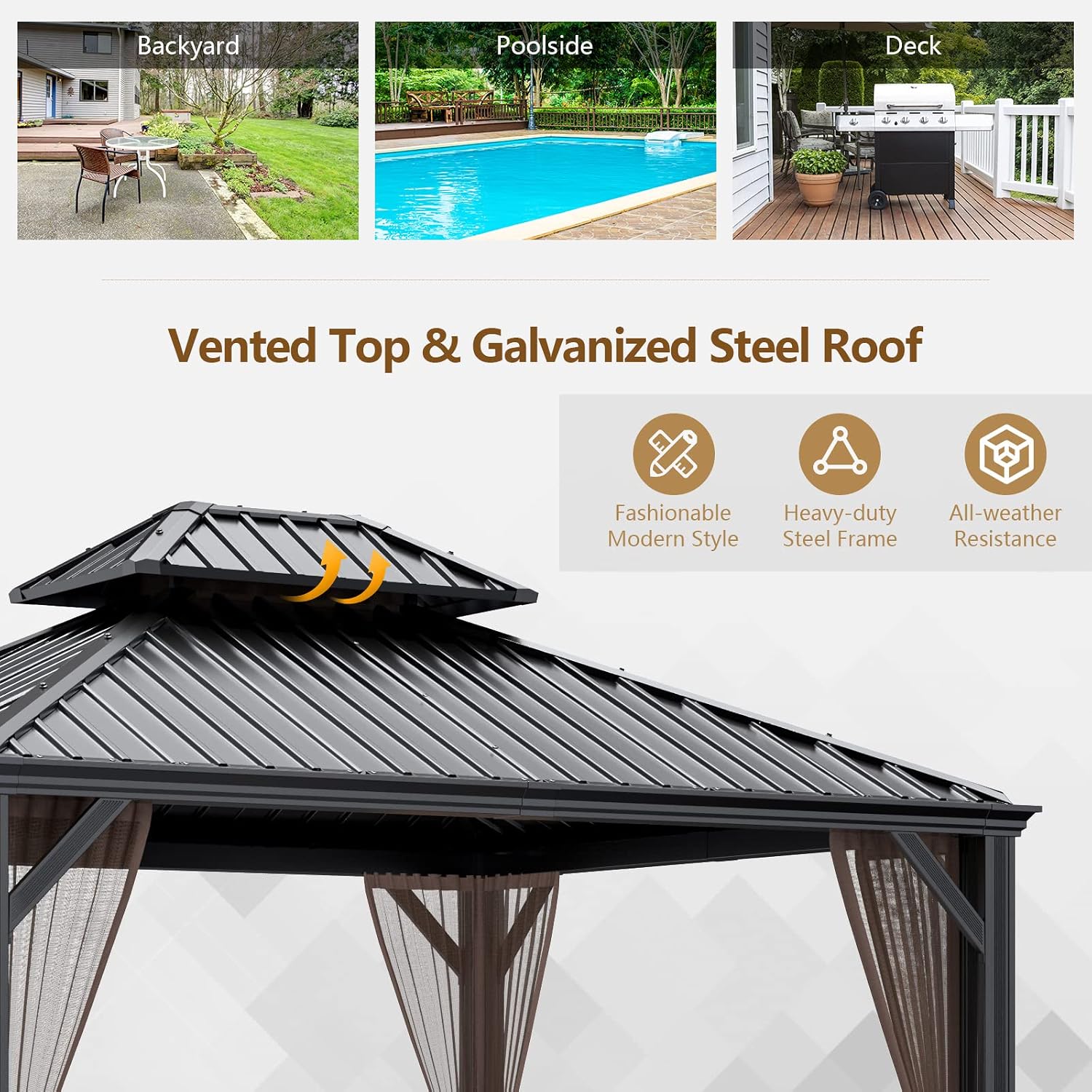 Tangkula 12ft x 10ft Hardtop Gazebo, 2-Tier Outdoor Gazebo w/Double Vented Roof & Central Hook, Galvanized Steel Frame Patio Sun Shelter for Lawn Backyard Poolside Deck (Brown)