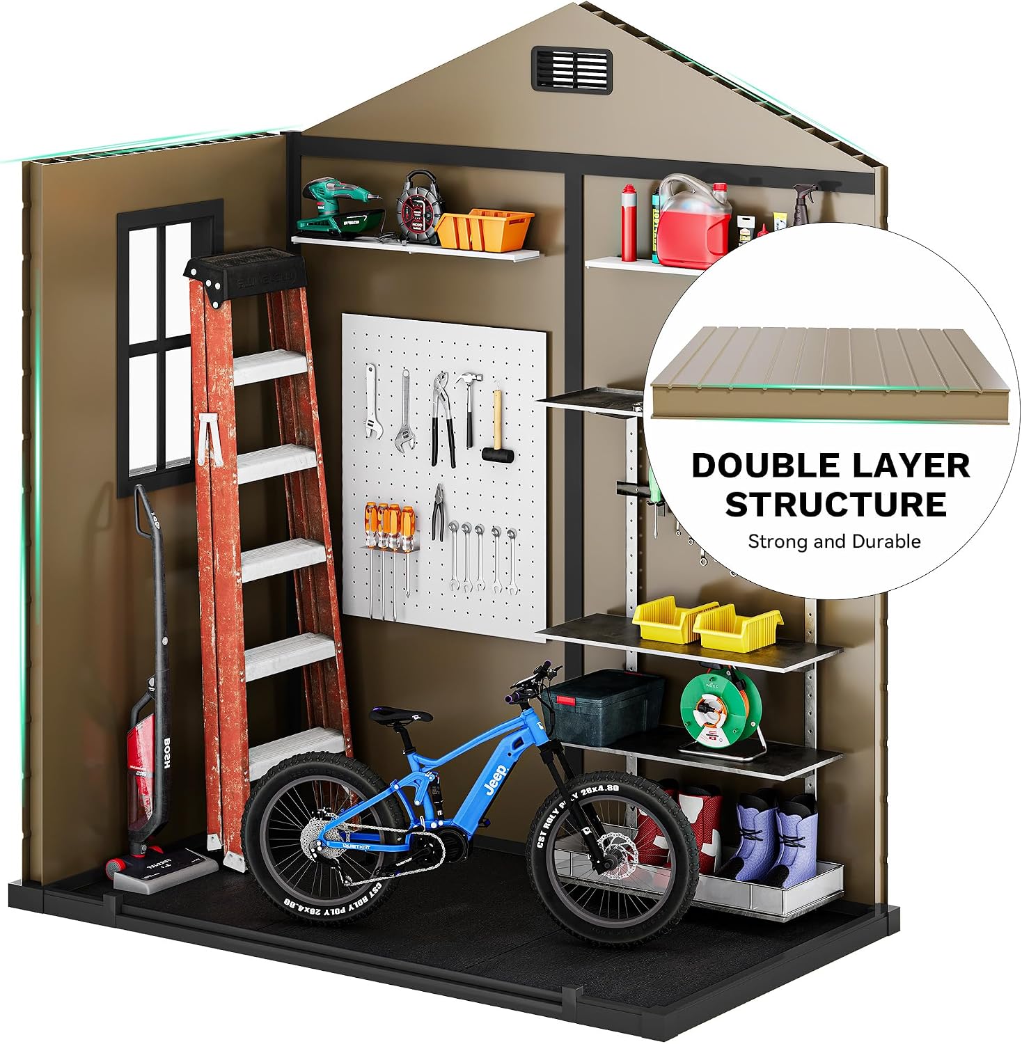 DWVO 6.2x3.4 FT Outdoor Resin Storage Shed with Floor, All-Weather Bike Storage Shed with Lockable Door, Window and Vent, Waterproof Plastic Tool Storage for Garden, Backyard, Patio, Lawn, Brown