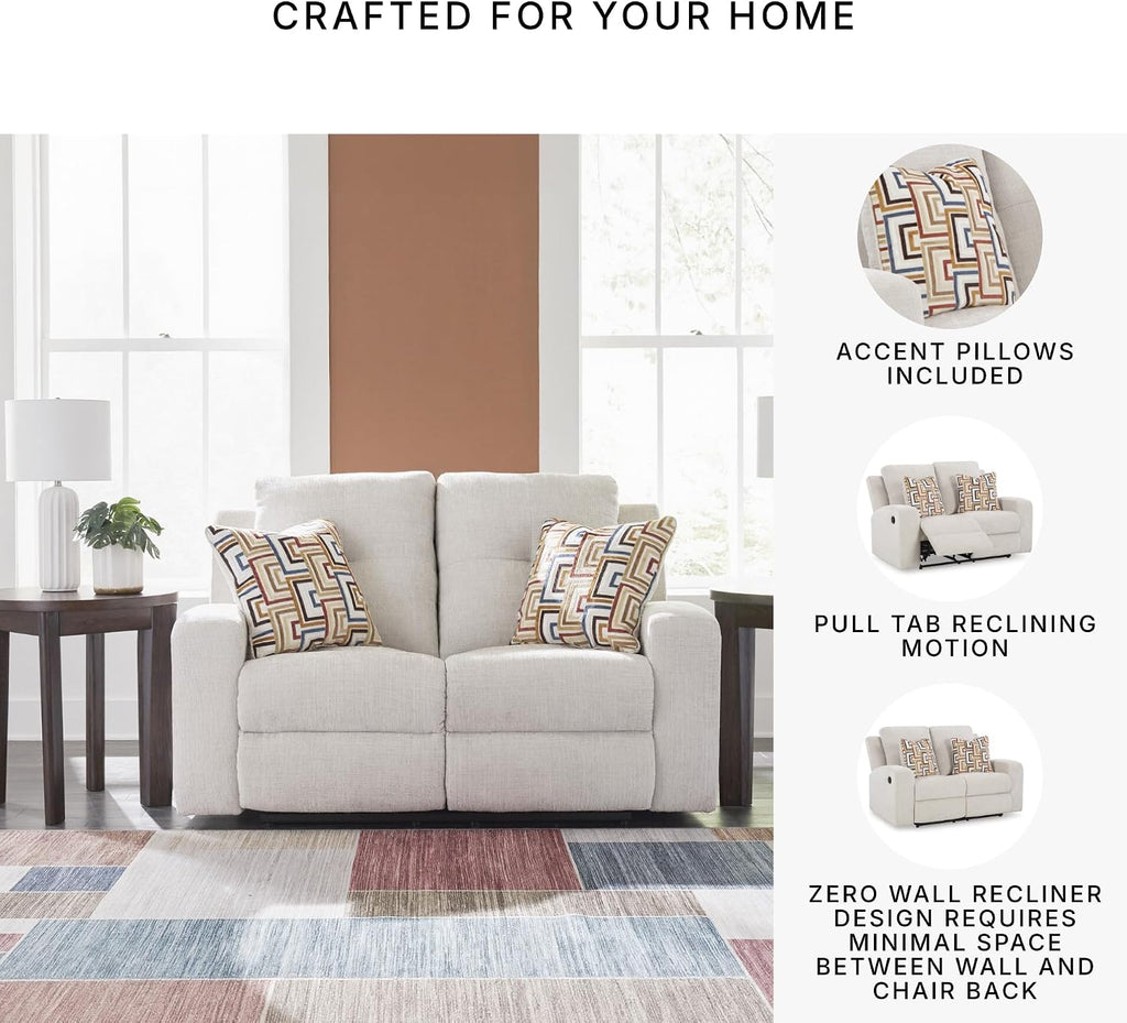 Signature Design by Ashley Danum Modern Tufted Manual Reclining Loveseat with 2 Accent Pillows, Beige