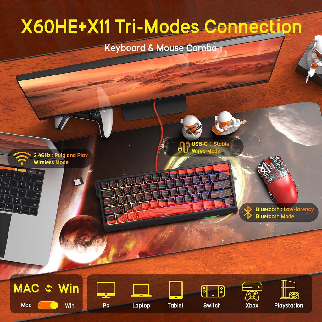 ATTACK SHARK X11 Mouse and X60 HE Keyboard Wireless Gaming Combo,Magnetic Switch,8K Polling Rate,Hall Effect,Rapid Trigger,PAW3311 Optical Sensor,22K DPI,Lightweight-Red