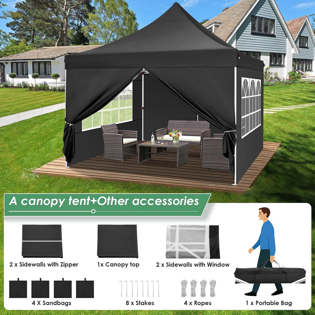 COBIZI Canopy 10x10 Pop Up Canopy Tent with 4 Sidewalls, Commercial Party Tent Ez Waterproof Outdoor Instant Gazebo UV 50+ Event Shelter, Garden Tents for Parties Camping with Sandbags, Black