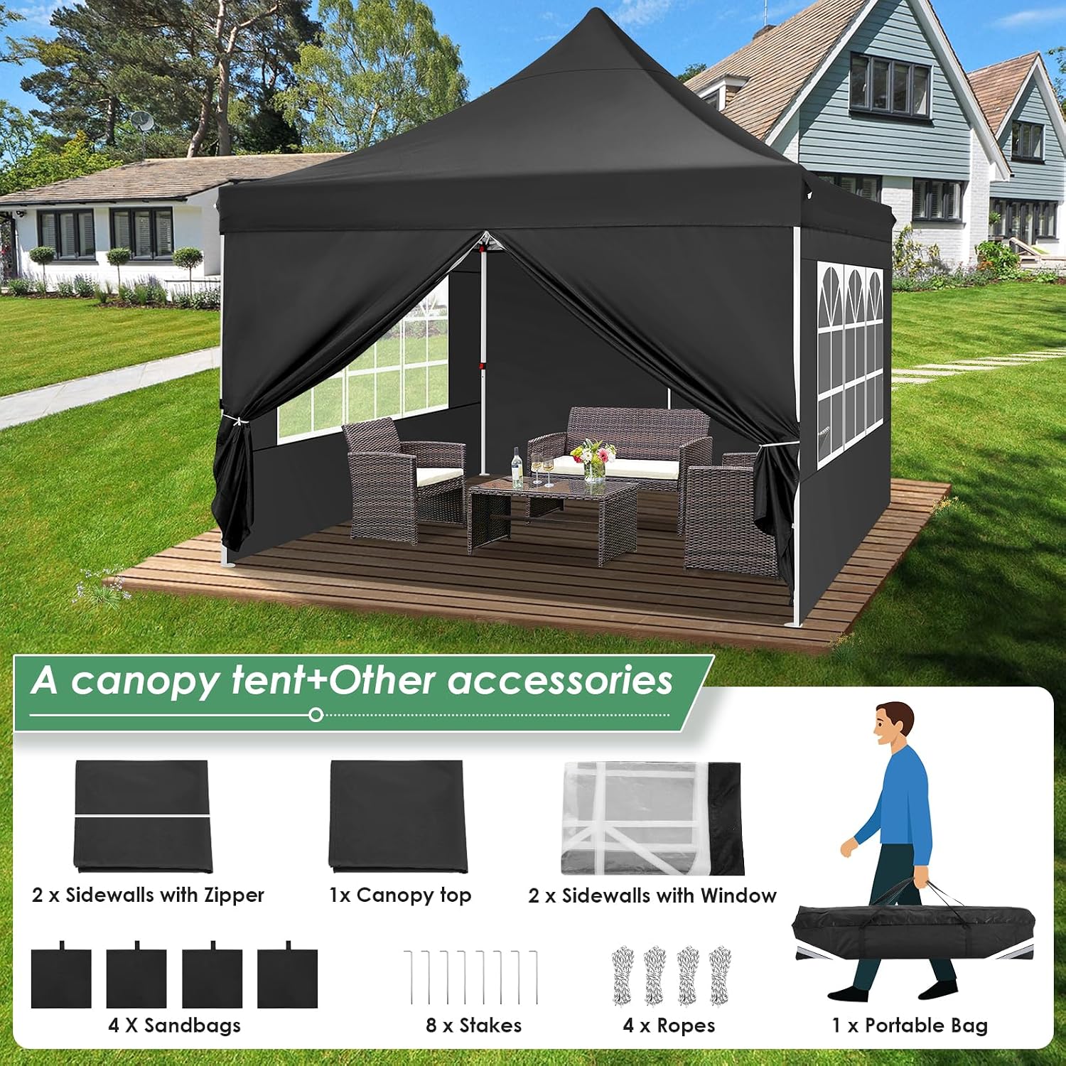 COBIZI Canopy 10x10 Pop Up Canopy Tent with 4 Sidewalls, Commercial Party Tent Ez Waterproof Outdoor Instant Gazebo UV 50+ Event Shelter, Garden Tents for Parties Camping with Sandbags, Black
