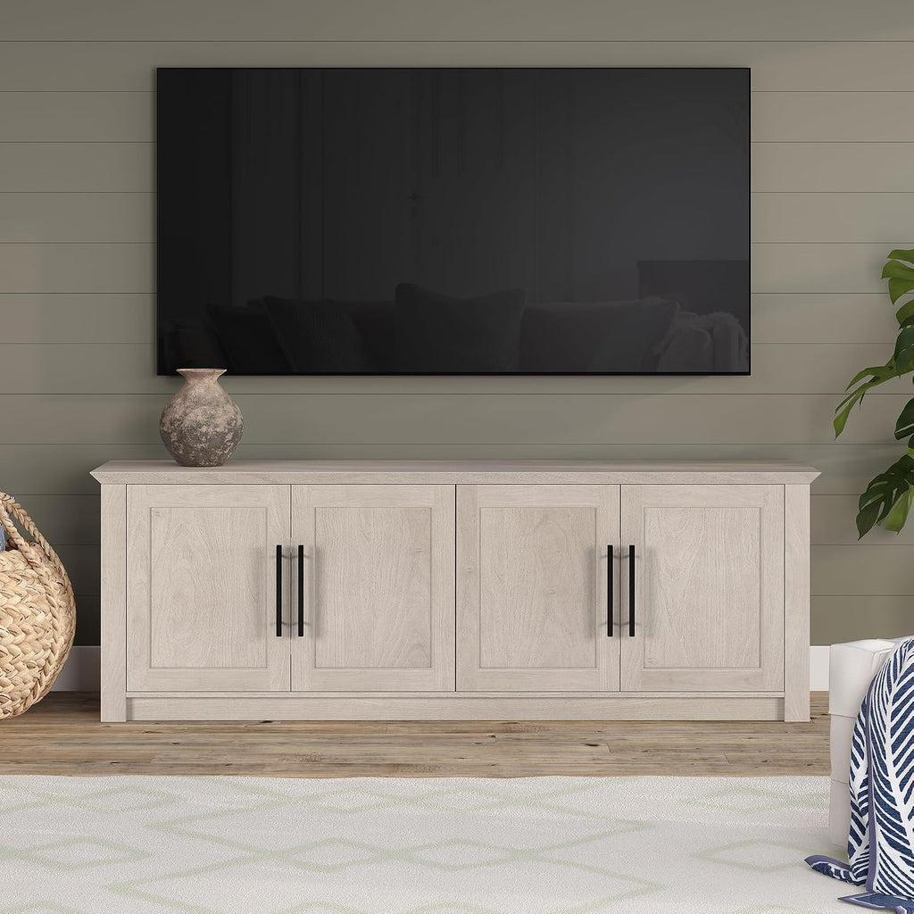Henn&Hart TV Stand for TVs up to 78' with 2 Conceal Storage Cabinets and Adjustable Shelves for Living Room, Family Room, or Office, Beech White