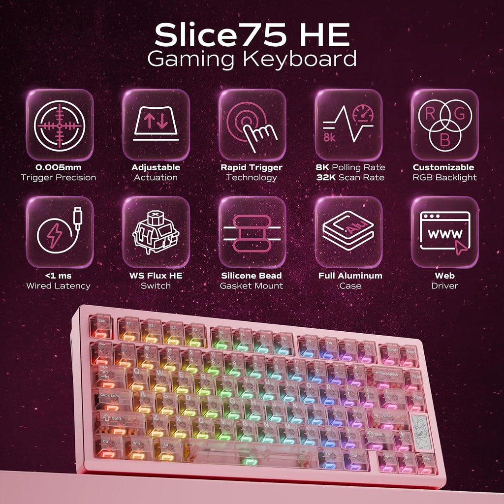 Mechanical Keyboard, Chilkey Slice75 HE Gaming Keyboard Wired, 75% Hall Effect Magnetic Aluminum Keyboard with WS Flux HE Clacky Switch, Rapid Trigger, 8K Polling, Per-Key RGB Custom, PC/Mac Support