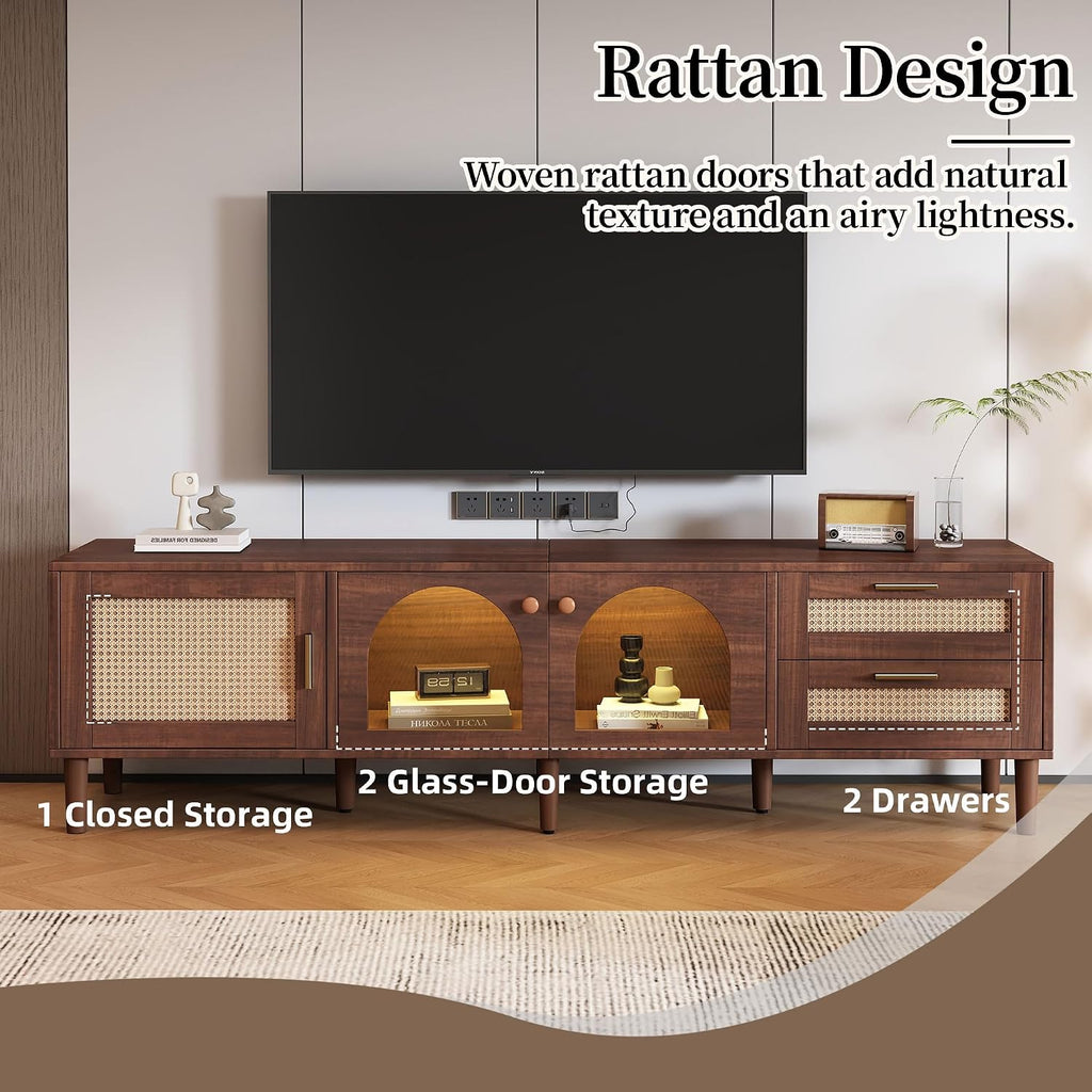 Merax Rattan TV Stand with LED Lights, 70' Entertainment Center with 3 Cabinets & 2 Drawers Media Console Table for TVs Up to 80', Solid Wood Feet, Living Room, Bedroom Furniture