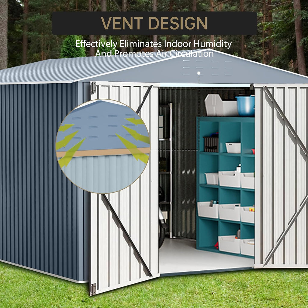 Large Metal Storage Shed, 10x10 FT Outside Storage Shed, Outdoor Storage Tool Shed with Lockable Doors and Air Vents, Garden Sheds for Backyard