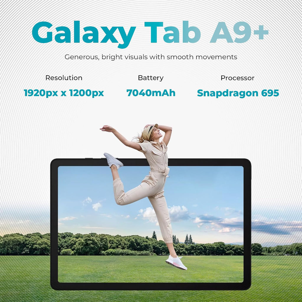 Samsung 2024 Galaxy Tab A9+ 11' 64GB | Android 13 WiFi Touchscreen International | Big Screen, Quad Speakers, Slim | Tablet Bundle - Hard Back Trifold Stand Case + 64GB SD Card (Grey) | MdTec
