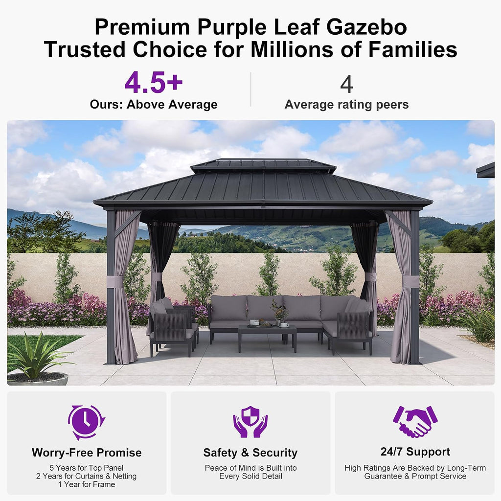 PURPLE LEAF 10'x14' Hardtop Gazebo with Lights Wind-Resistant Galvanized Steel Dual-Layer Double Roof Outdoor Patio Pavilion Including Netting and Privacy Curtains for Lawn Garden Backyard Grey