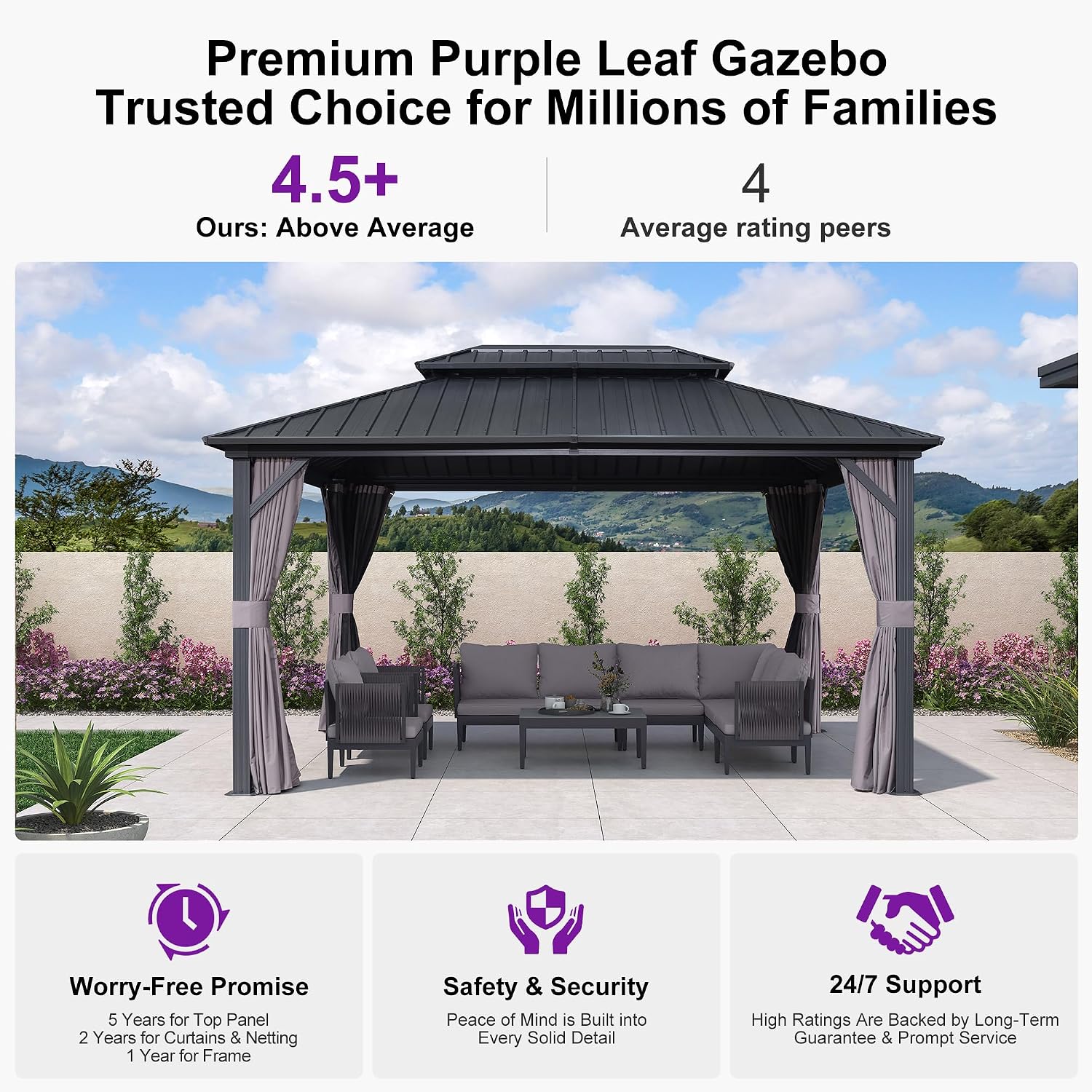 PURPLE LEAF 10'x14' Hardtop Gazebo with Lights Wind-Resistant Galvanized Steel Dual-Layer Double Roof Outdoor Patio Pavilion Including Netting and Privacy Curtains for Lawn Garden Backyard Grey