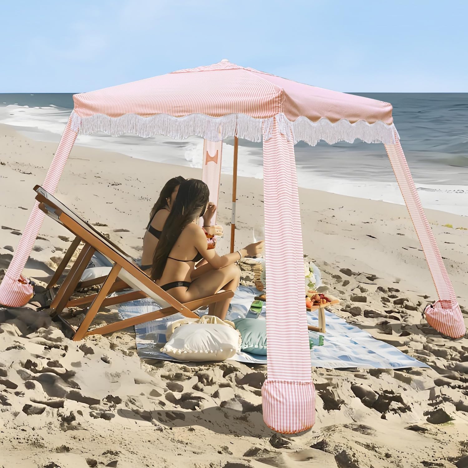 AMMSUN Beach Cabana with Fringe, 7' x 7' Boho Beach Canopy with Tassels, Easy Set up & Premium Wood Pole, Cabana Tent with Sand Pockets, Instant Sun Shade for Sand, Garden, Patio, Pink Stripes