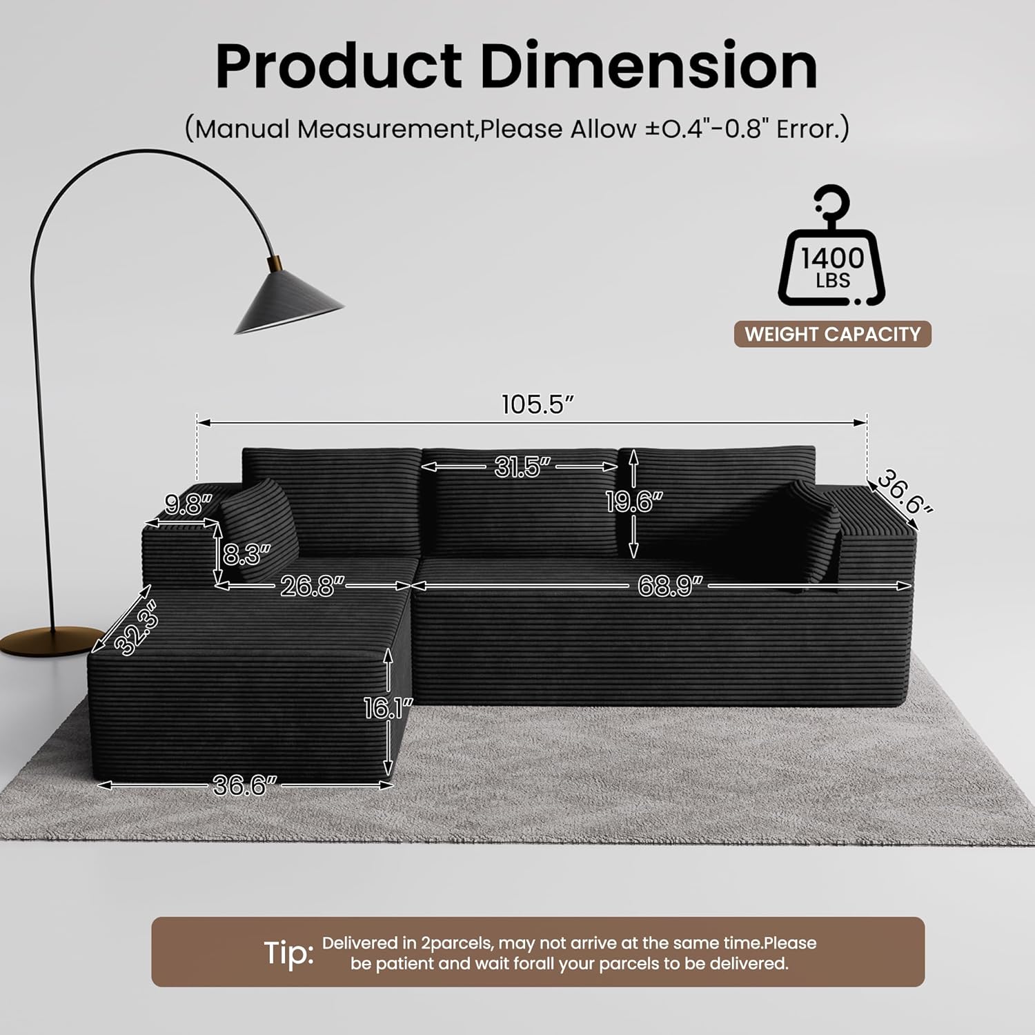 106' Cloud Sectional Boneless Couches for Living Room, Modular L Shaped Couch with Deep Seat Oversized Left Facing Chaise, Memory Foam Compressed Spineless 3 Seater Sofa for Bedroom Apartment, Black