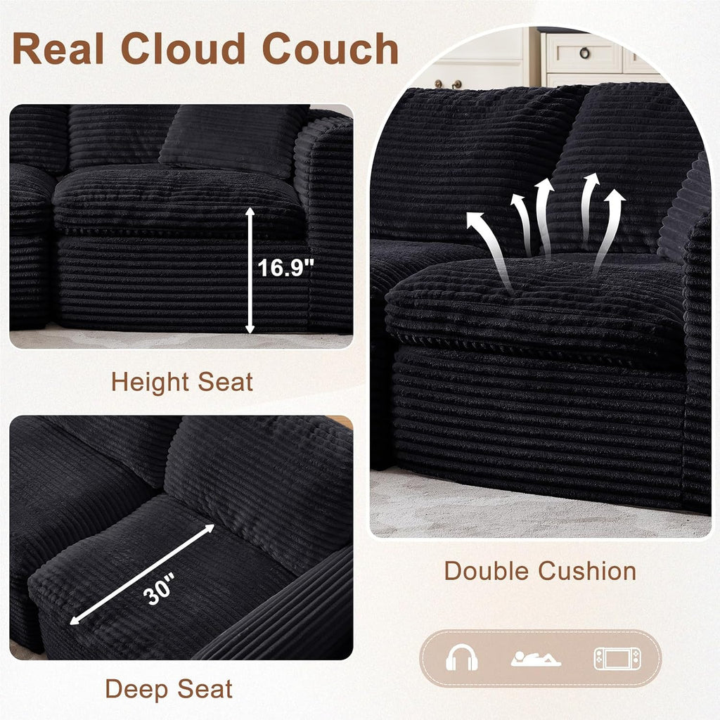 108' Modular Sectional Sofa Couches L Shaped Couch 3 Seater Cloud Sofa Memory Foam Sectional Couches for Living Room, Boneless Couch with Ottoman, Corduroy, Black