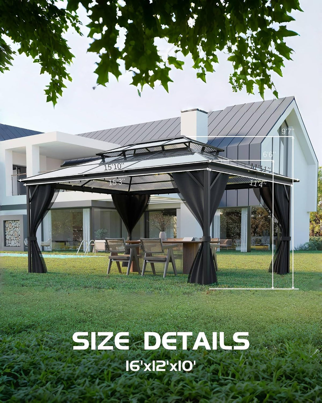 12' x 16' Permanent Hardtop Gazebo - Heavy Duty Aluminum Frame with Double Roof, Includes Curtains & Netting for Patio/Backyard/Garden (All-Weather)