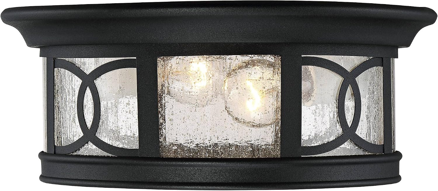 John Timberland Capistrano Mission Flush-Mount Outdoor Ceiling Light Fixture Black 12' Seedy Glass Damp Rated for Exterior House Porch Patio Outside Deck Garage Front Door Garden Home Gazebo