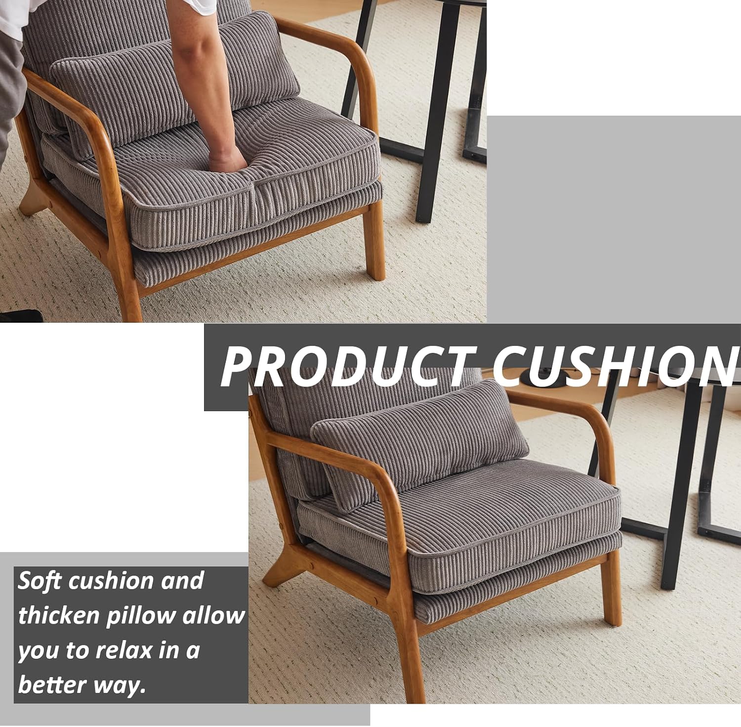 Karl home Mid-Century Modern Accent Chair, Living Room Chairs with Pillow Corduroy Upholstered Lounge Armchair with Solid Wood Frame & Soft Cushion for Bedroom, Reading Room, Gray