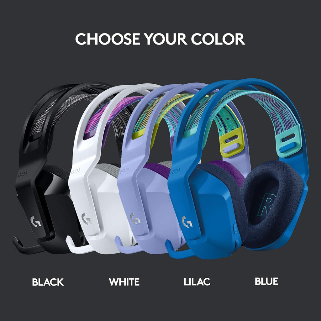 Logitech G733 Lightspeed Wireless Gaming Headset with Suspension Headband, LIGHTSYNC RGB, Blue VO!CE mic Technology and PRO-G Audio Drivers - Lilac